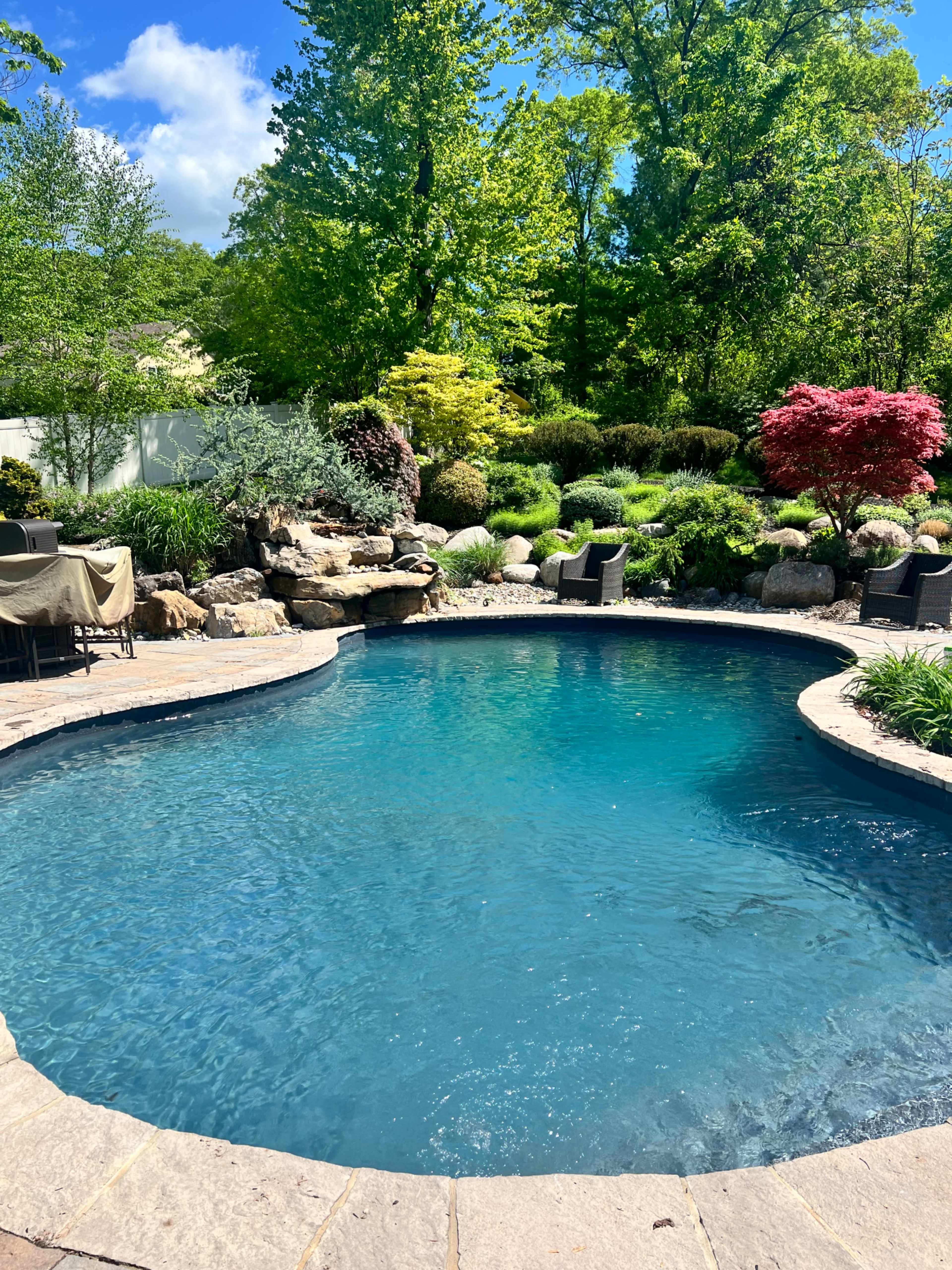 The image shows a clear blue swimming pool surrounded by lush greenery and landscaped gardens.