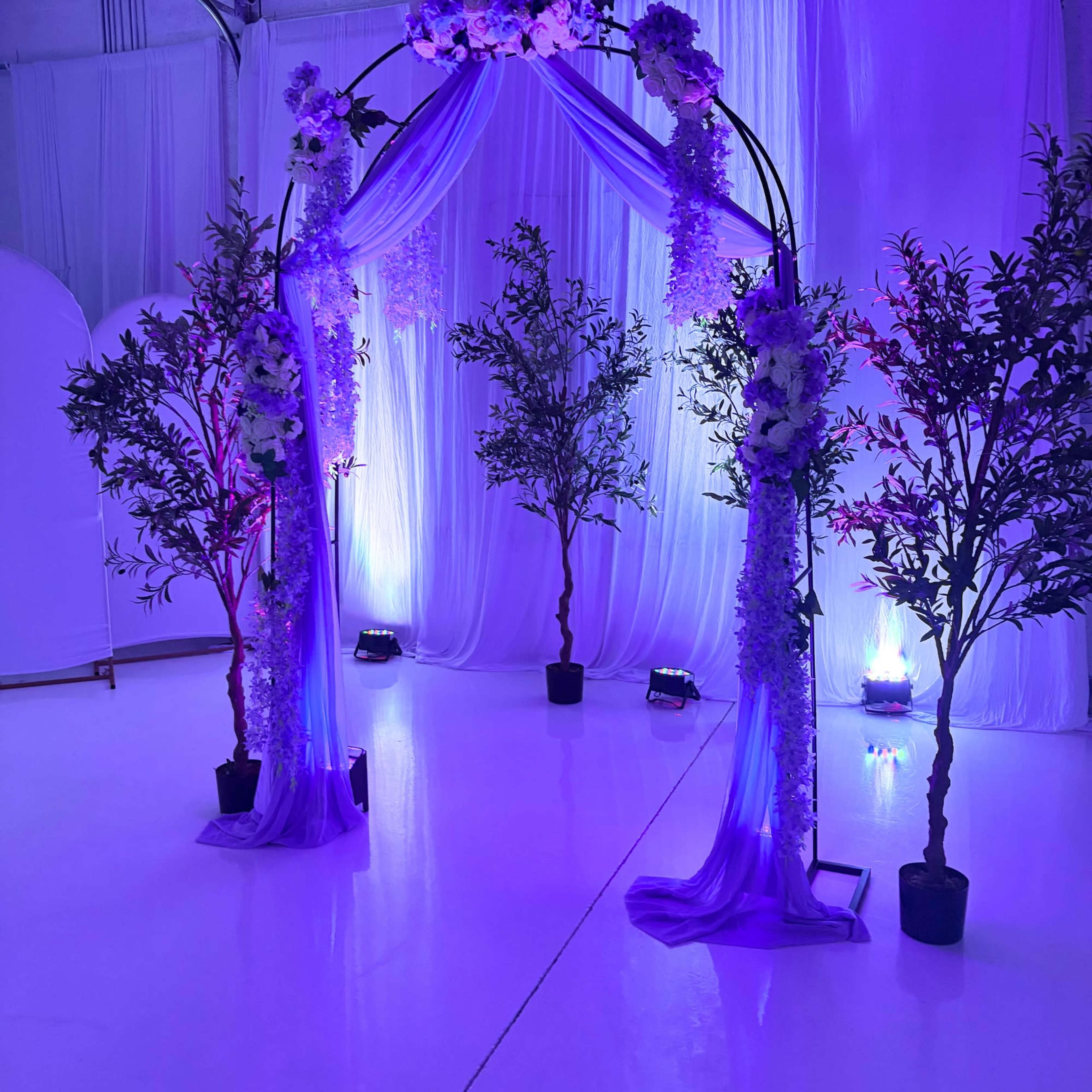 A floral wedding arch adorned with purple drapes stands between two potted trees in a softly lit event space.