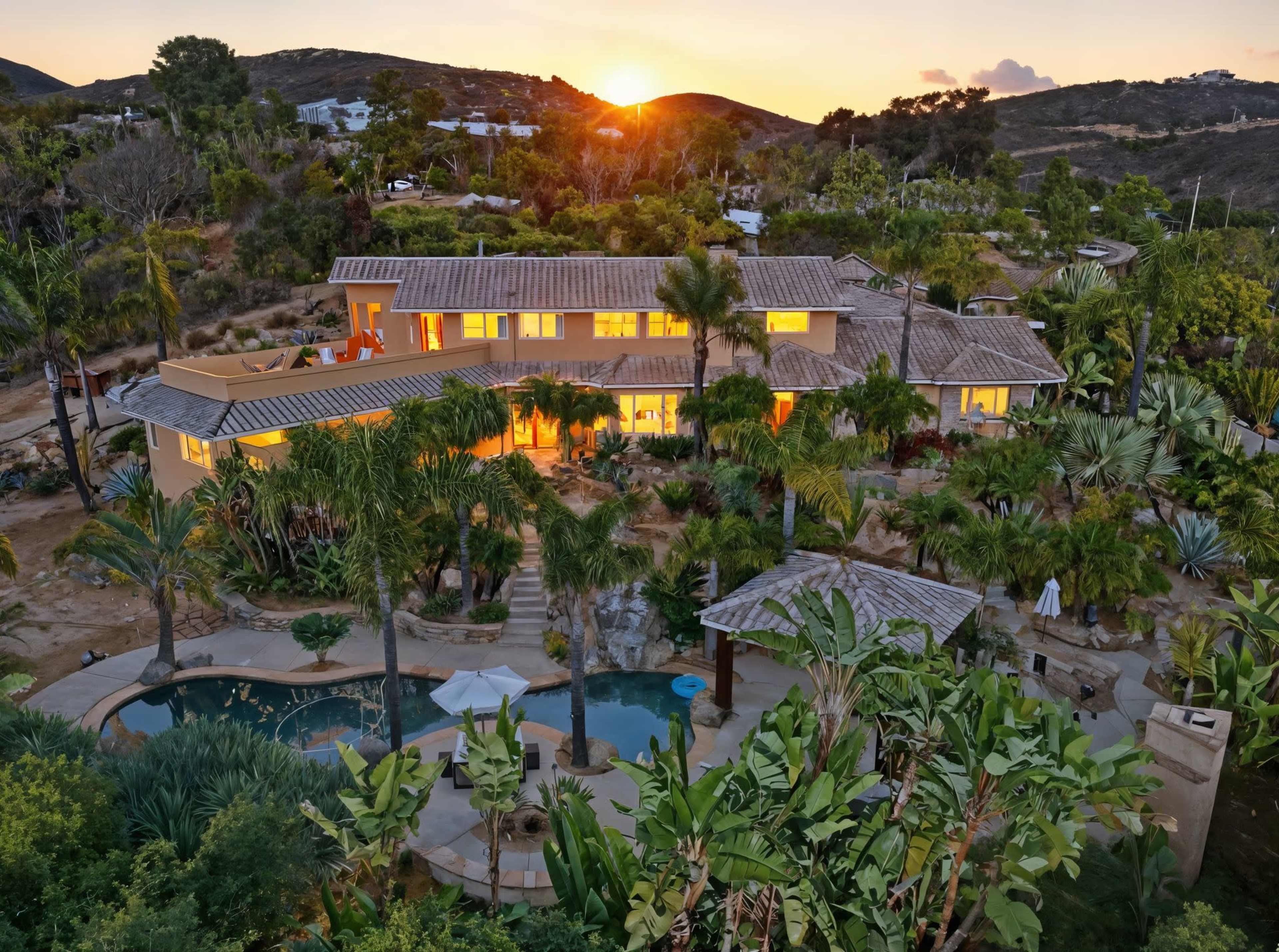 The image shows a large, modern house surrounded by lush greenery and a swimming pool, with the sun setting in the background.