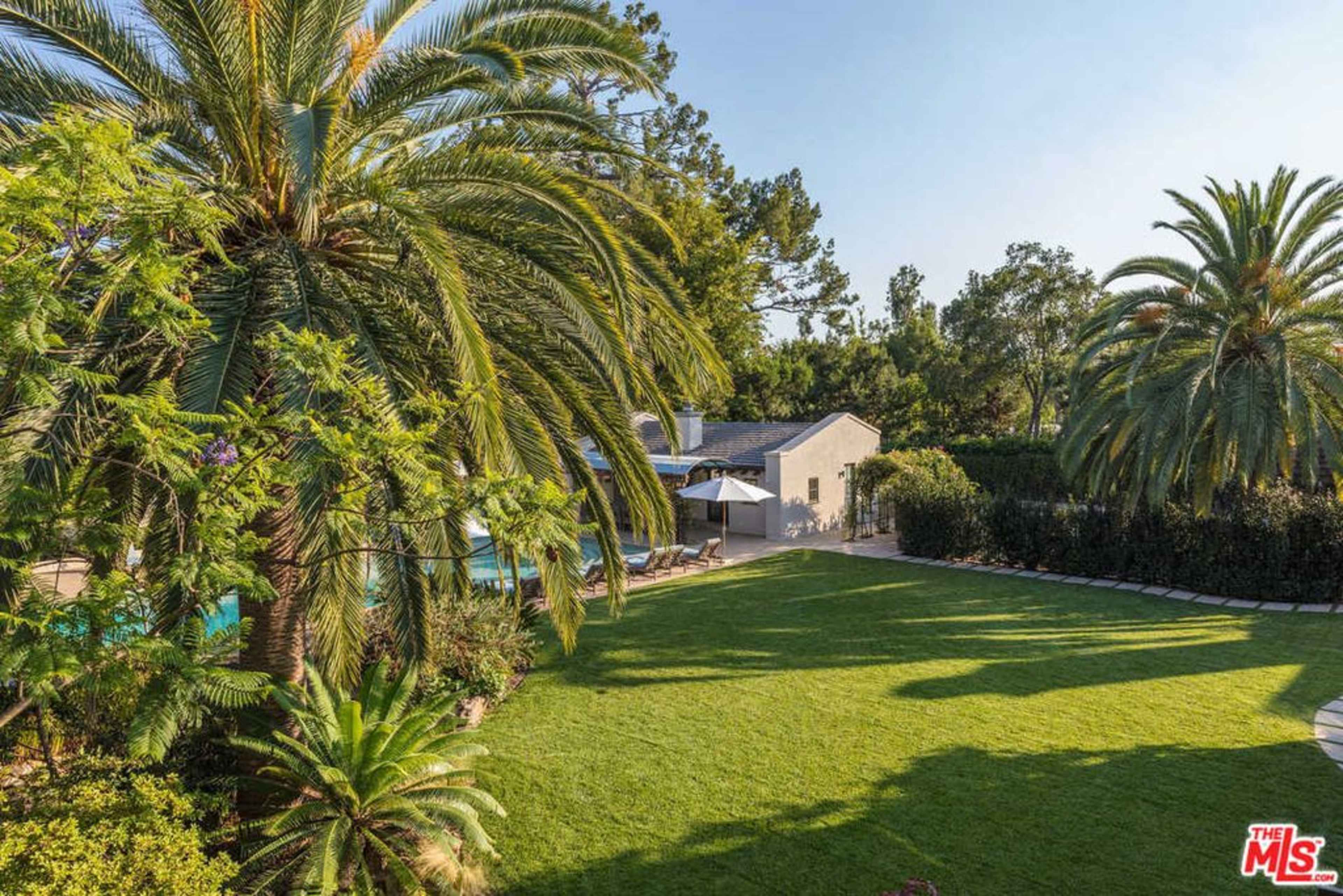 The image shows a spacious backyard featuring lush green grass, palm trees, and a swimming pool beside a modern house.