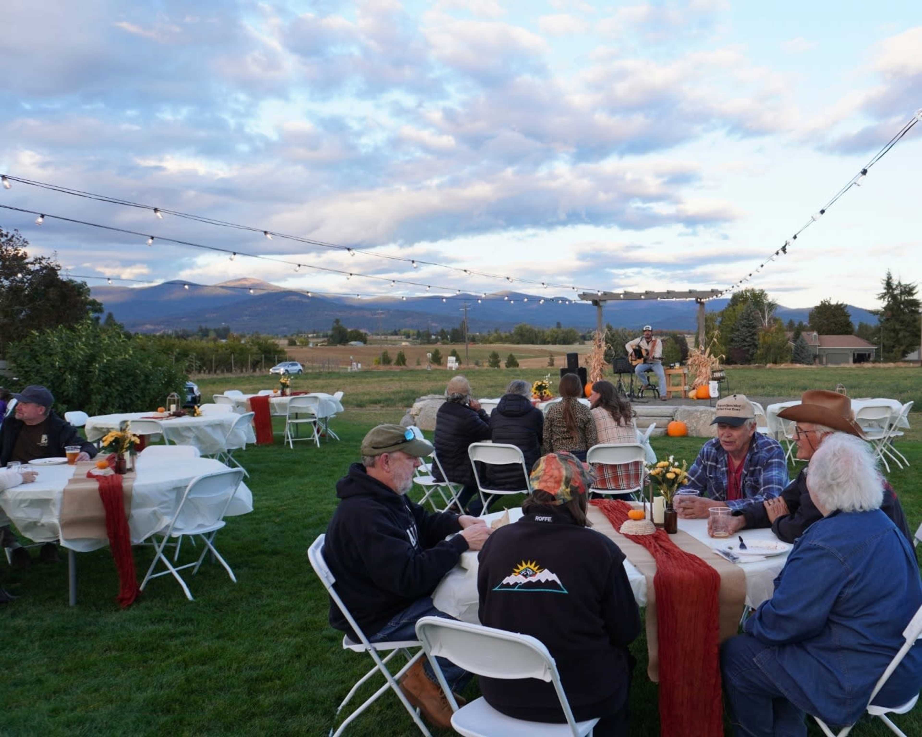 A group of people sits at round tables with white tablecloths in an outdoor setting, enjoying a gathering as a musician performs in the background against a scenic landscape.
