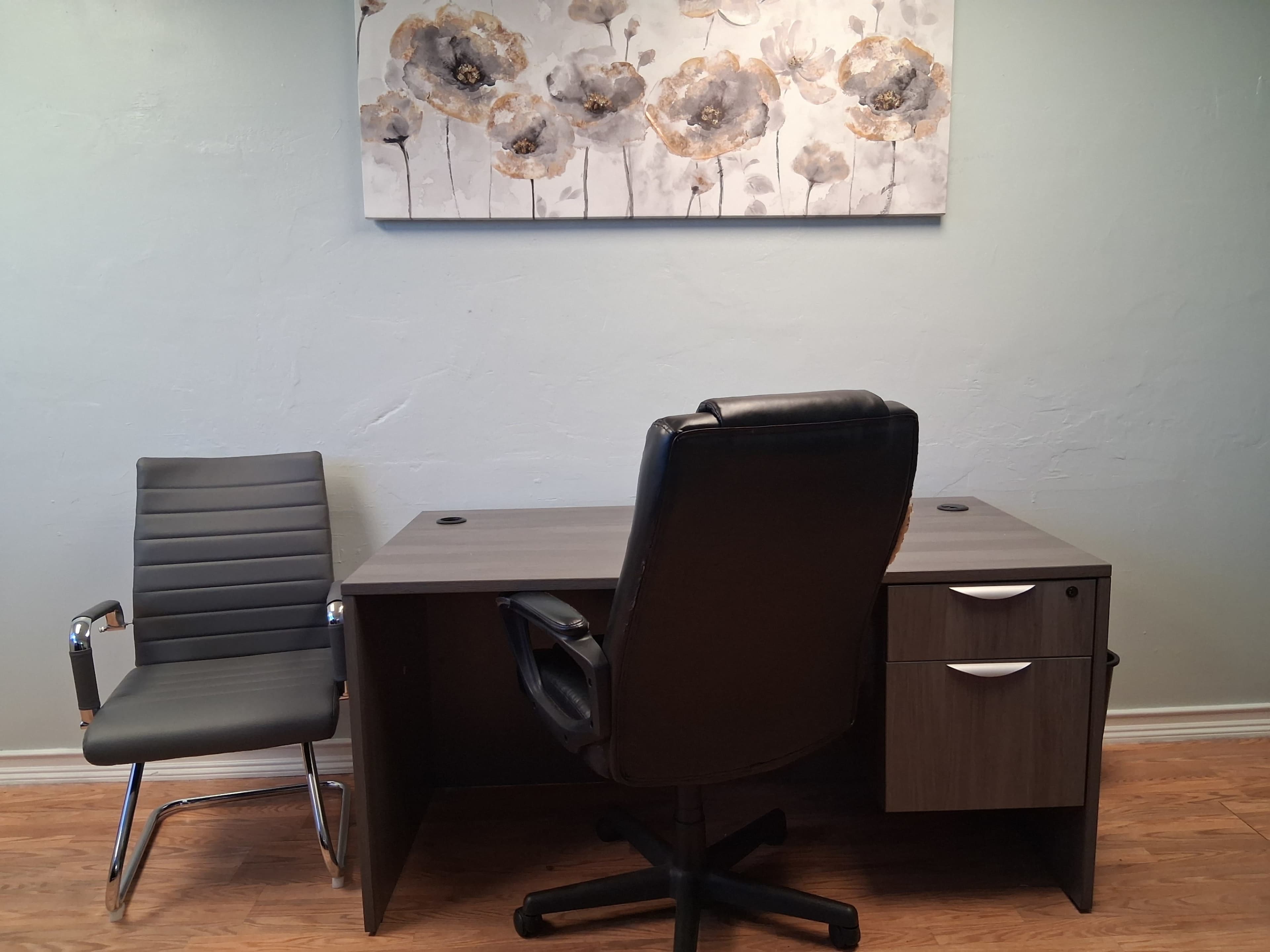 The image shows a minimalist office setup featuring a wooden desk with a drawer and two chairs, one black leather executive chair and one metal framed chair, against a light green wall adorned with floral artwork.