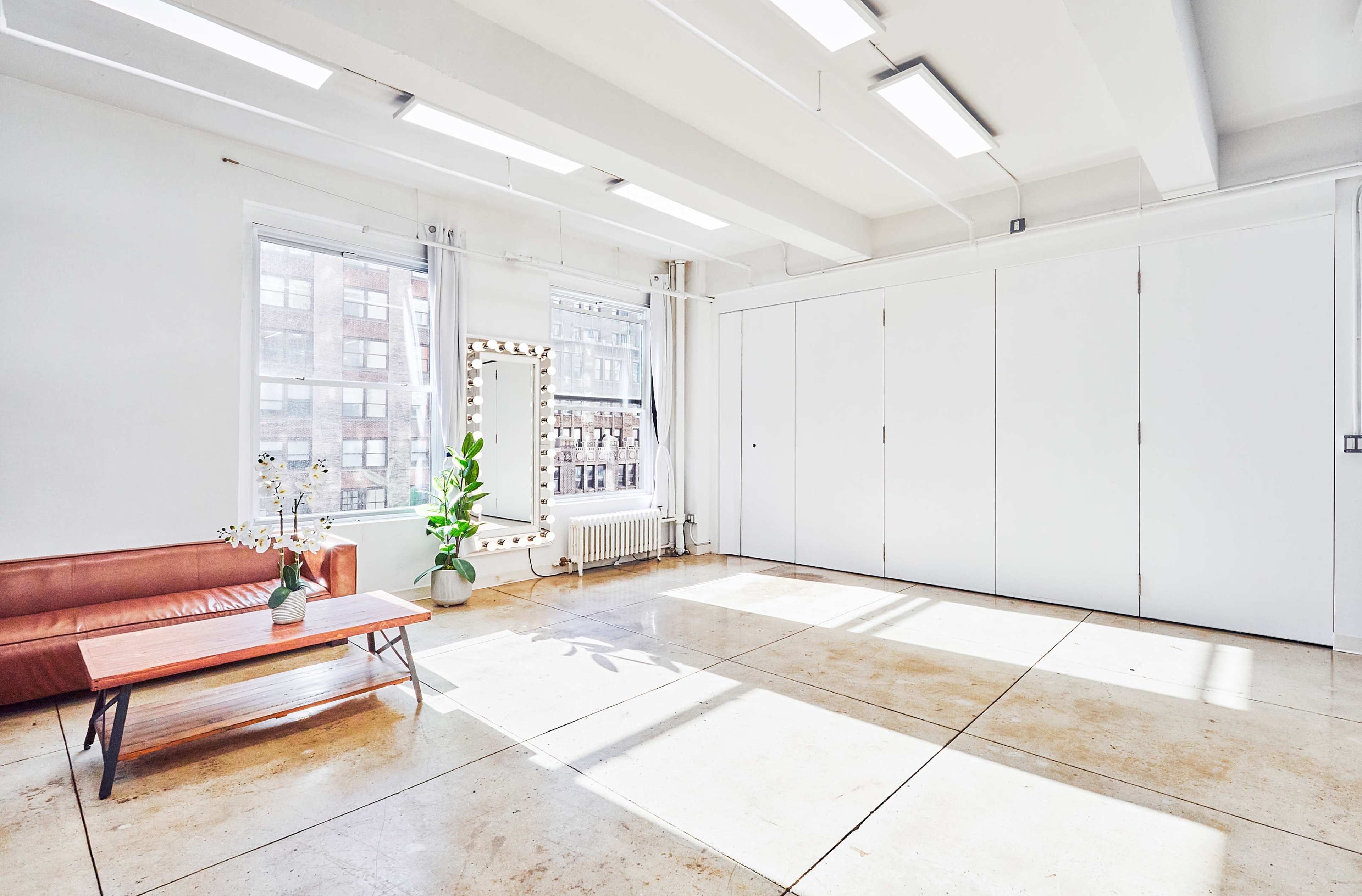 A bright, spacious room features a leather sofa, a wooden coffee table, a potted plant, and large windows with natural light.
