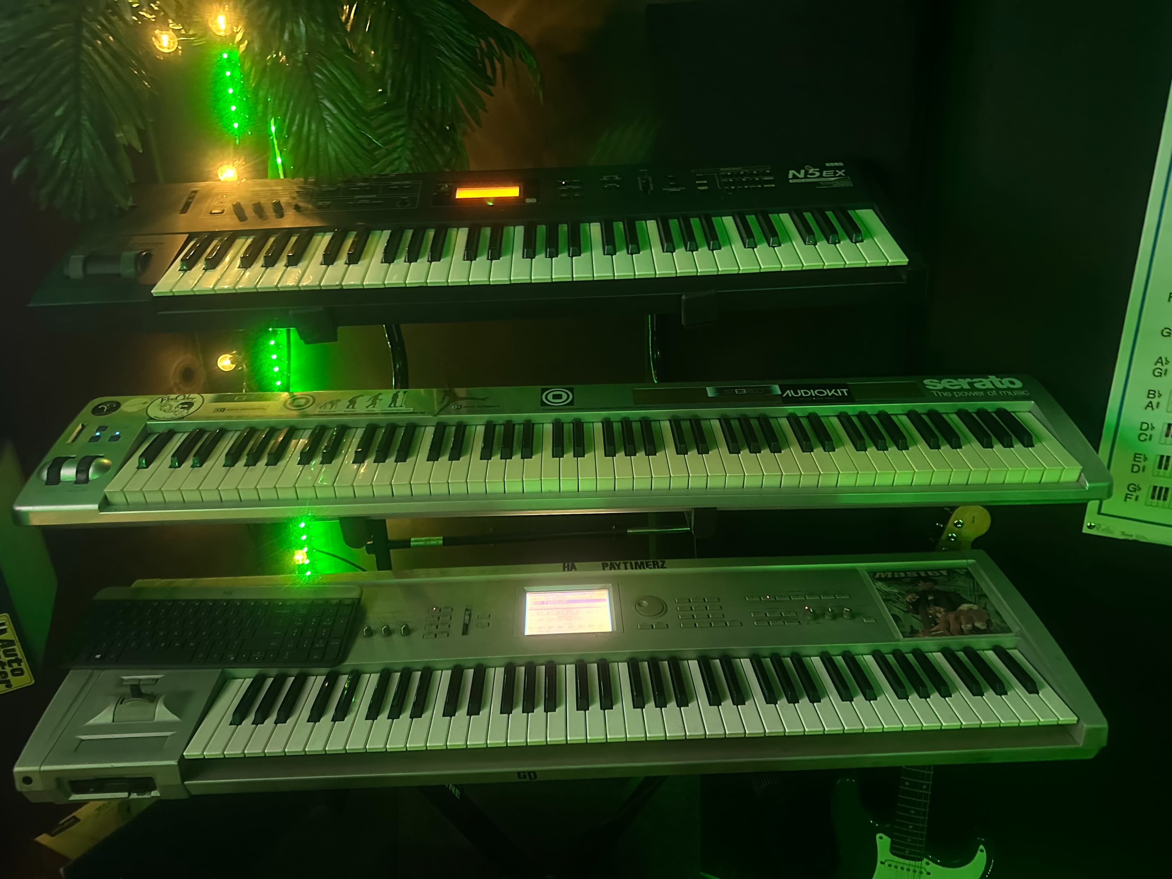 The image features three electronic keyboards arranged on a stand, set against a backdrop with green ambient lighting.