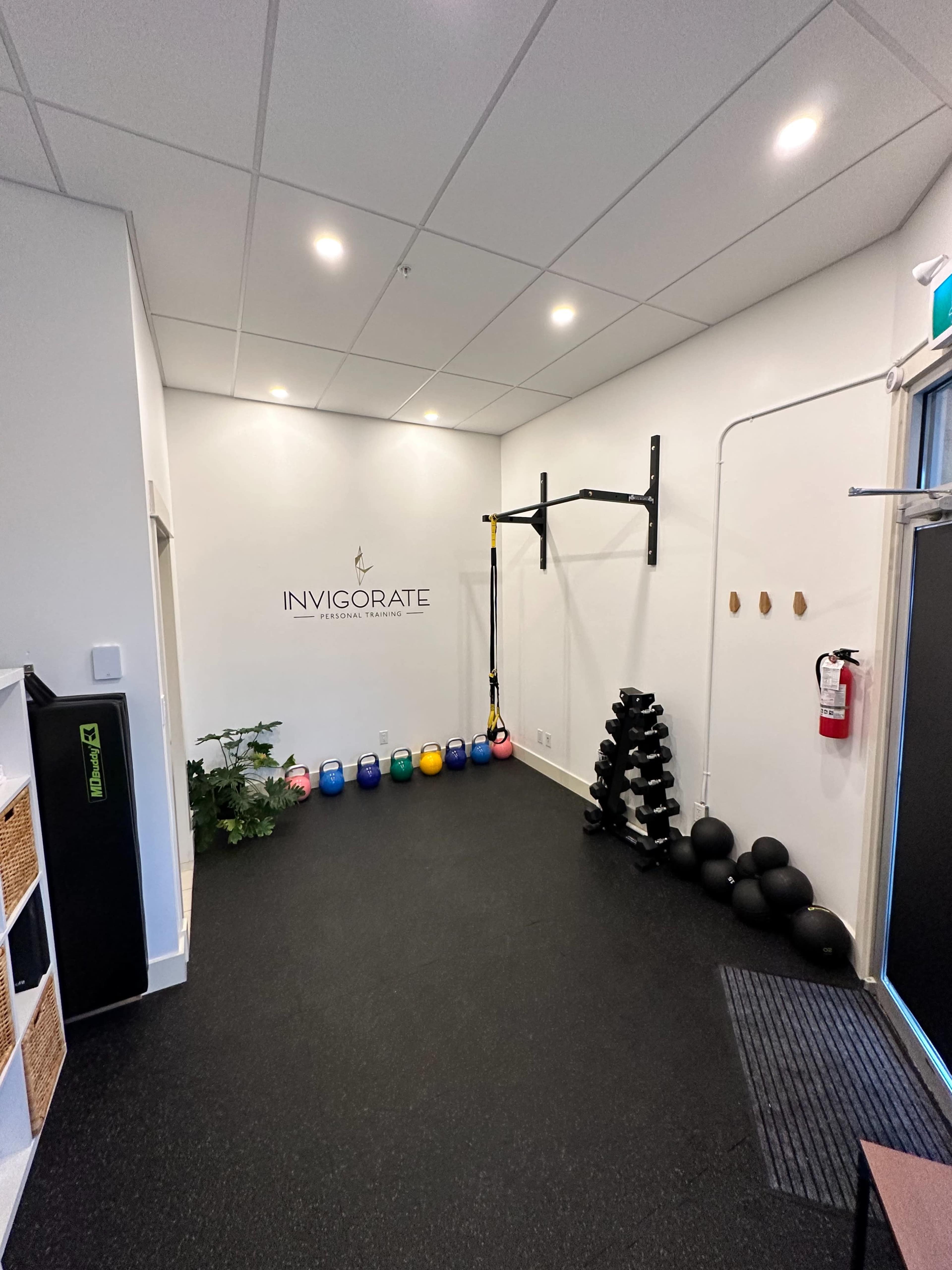 A fitness studio with exercise equipment including kettlebells and a wall-mounted suspension trainer, and a small plant in the corner.
