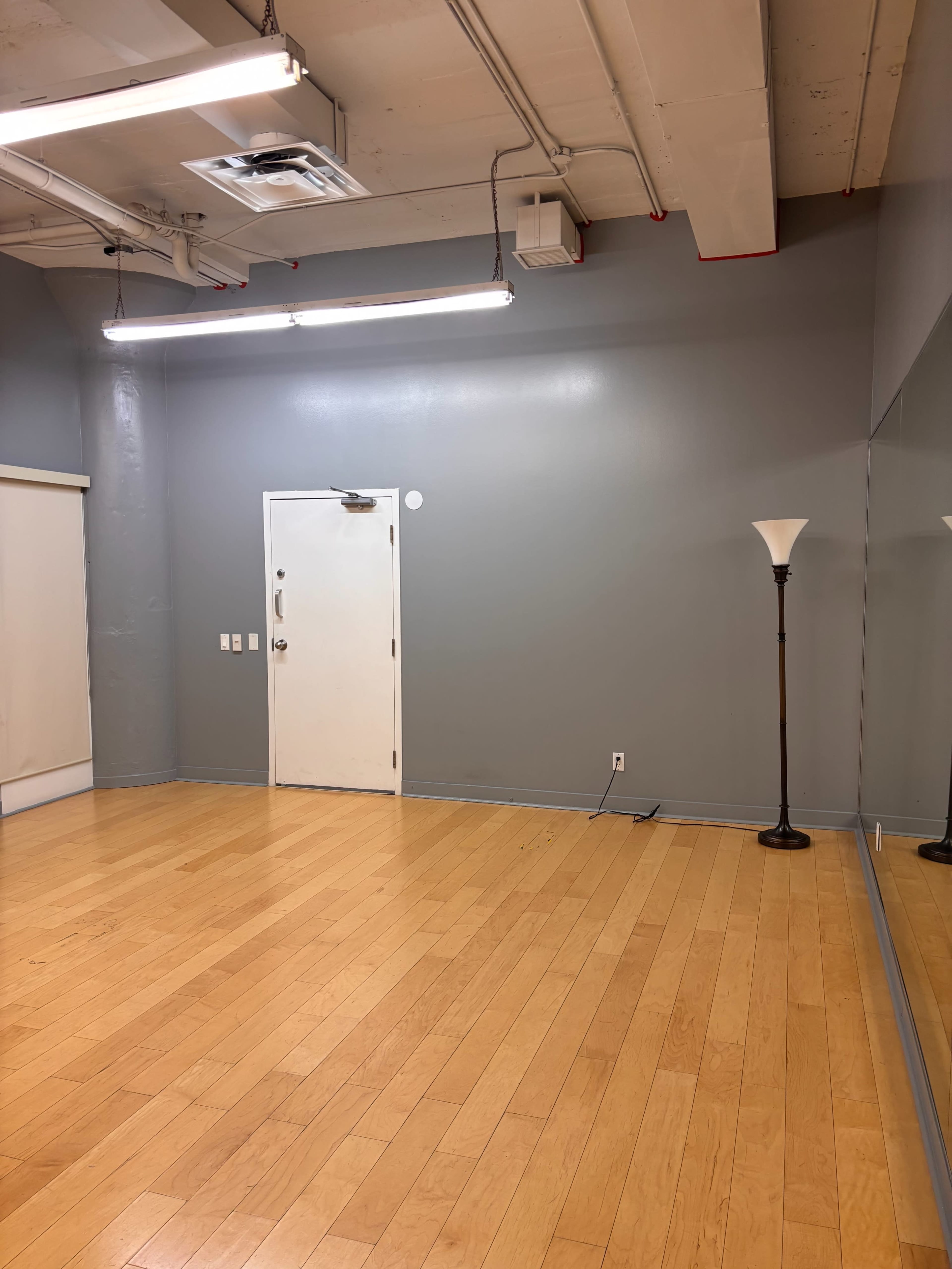The image shows a sparsely furnished room with wooden flooring, a gray wall, a door, and a floor lamp.
