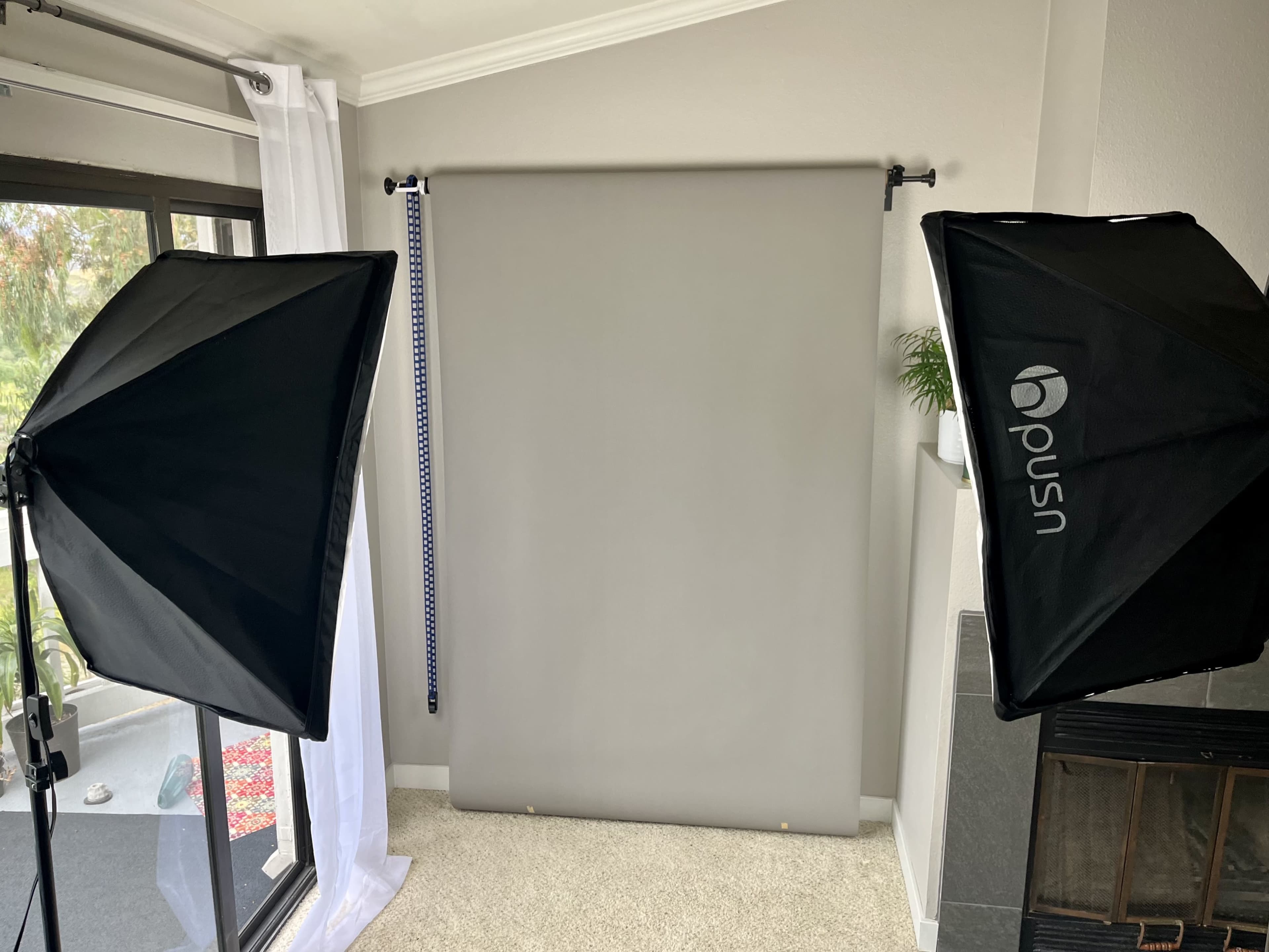 The image shows a room setup with two softbox lights flanking a gray backdrop, positioned near a large window.