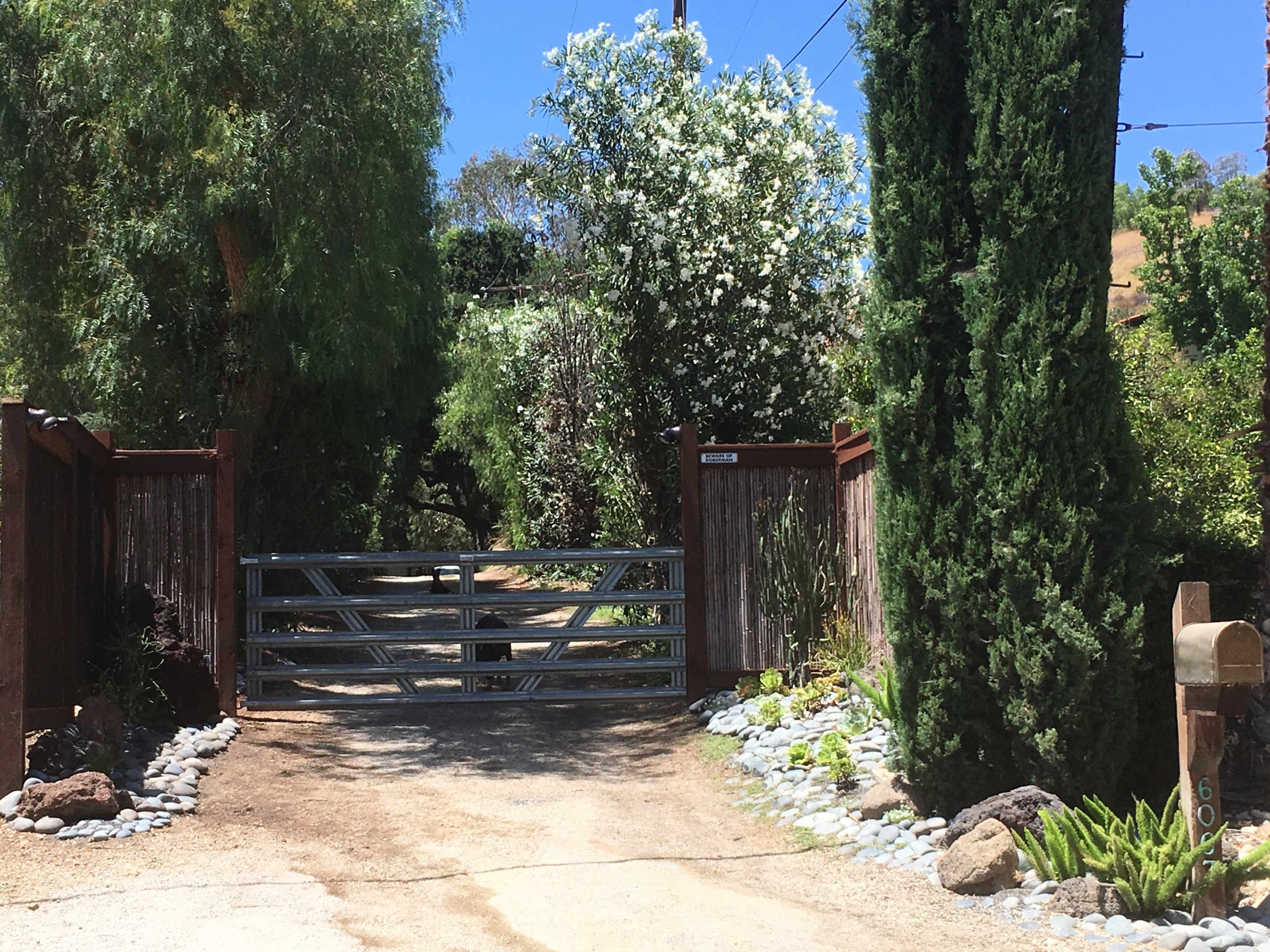 A metal gate stands at the end of a gravel driveway, flanked by tall trees and flowering bushes.