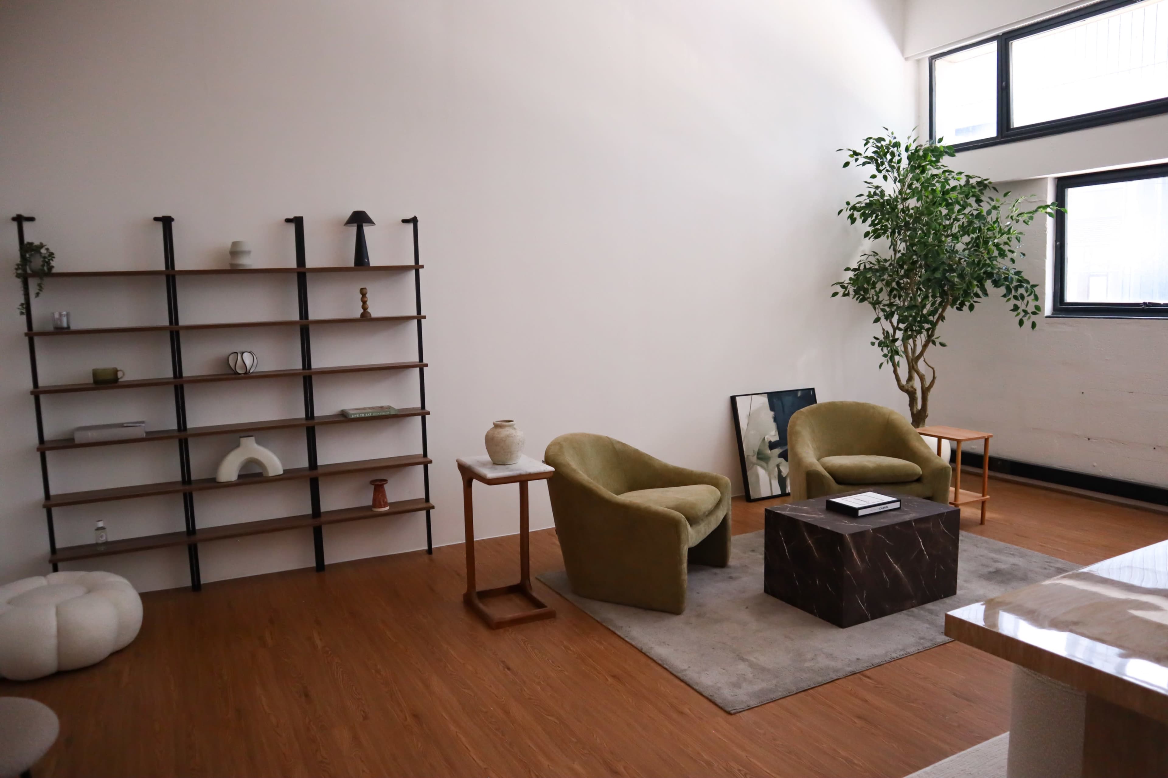 The image shows a minimalist living space with two green armchairs on a rug, a coffee table, a bookshelf, and a potted plant.