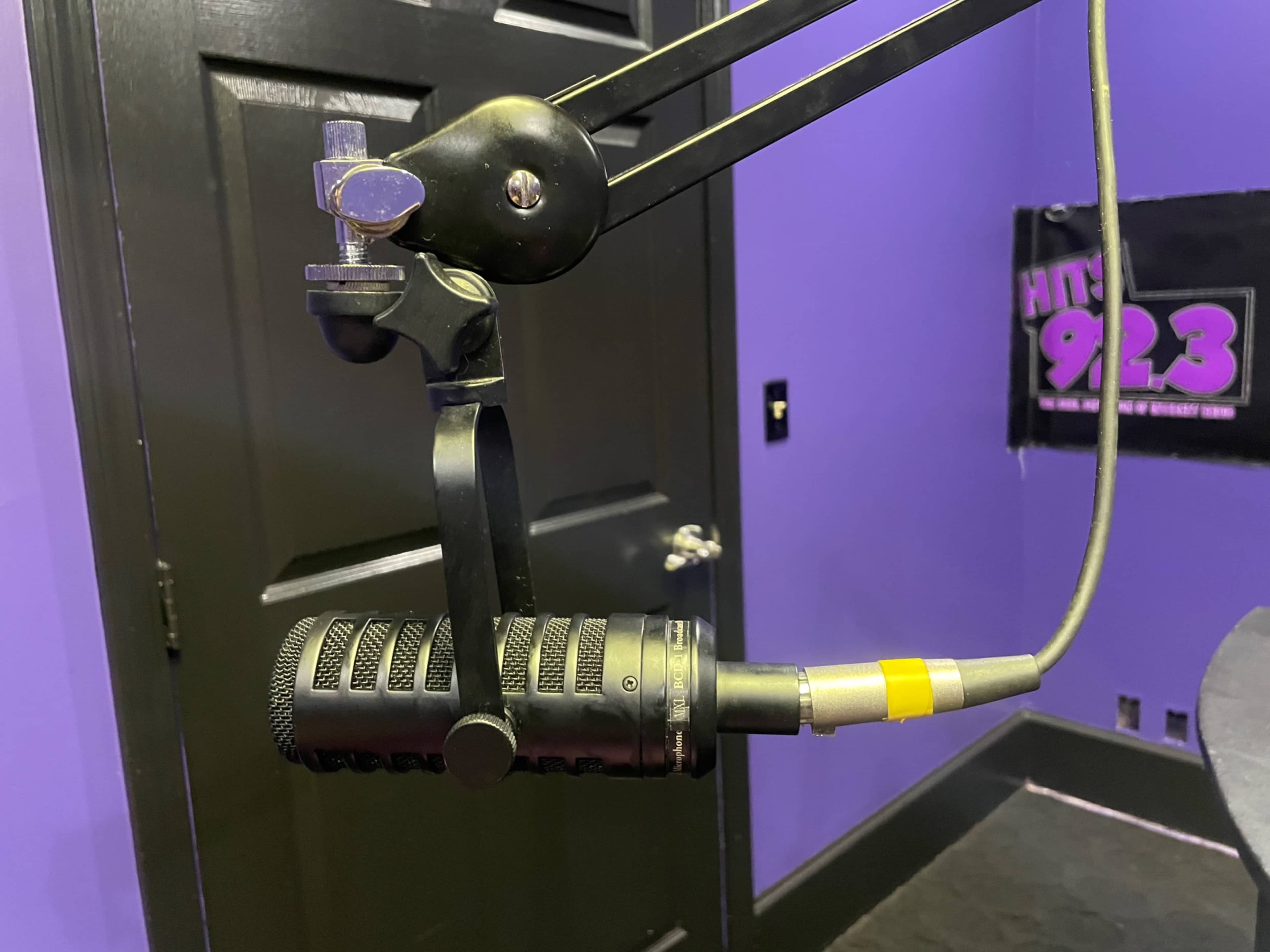 A microphone is mounted on an adjustable microphone stand in a room with purple walls.