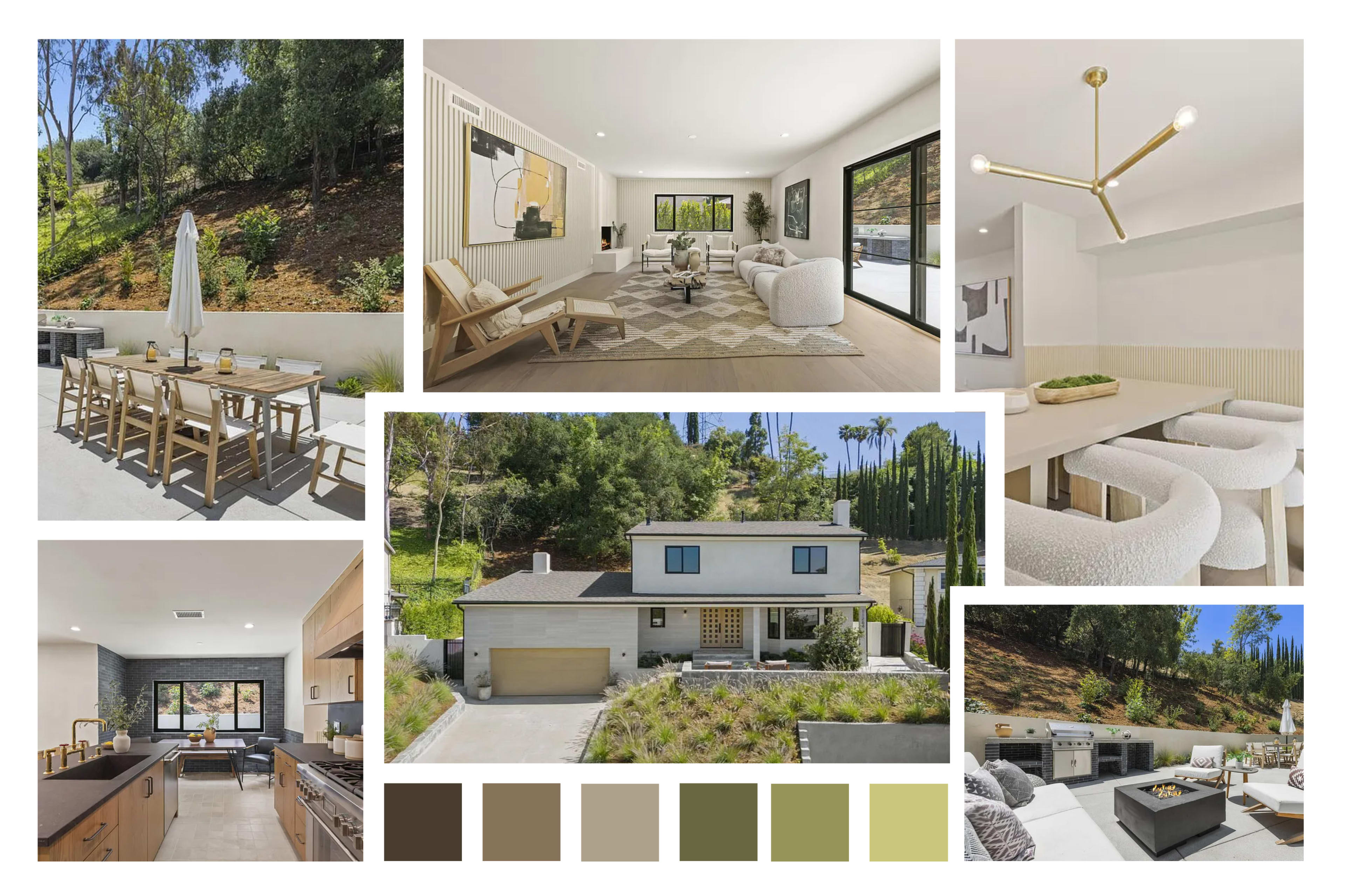 The image showcases a modern home surrounded by greenery, featuring a spacious outdoor dining area, a stylish living room, and an elegant kitchen design.