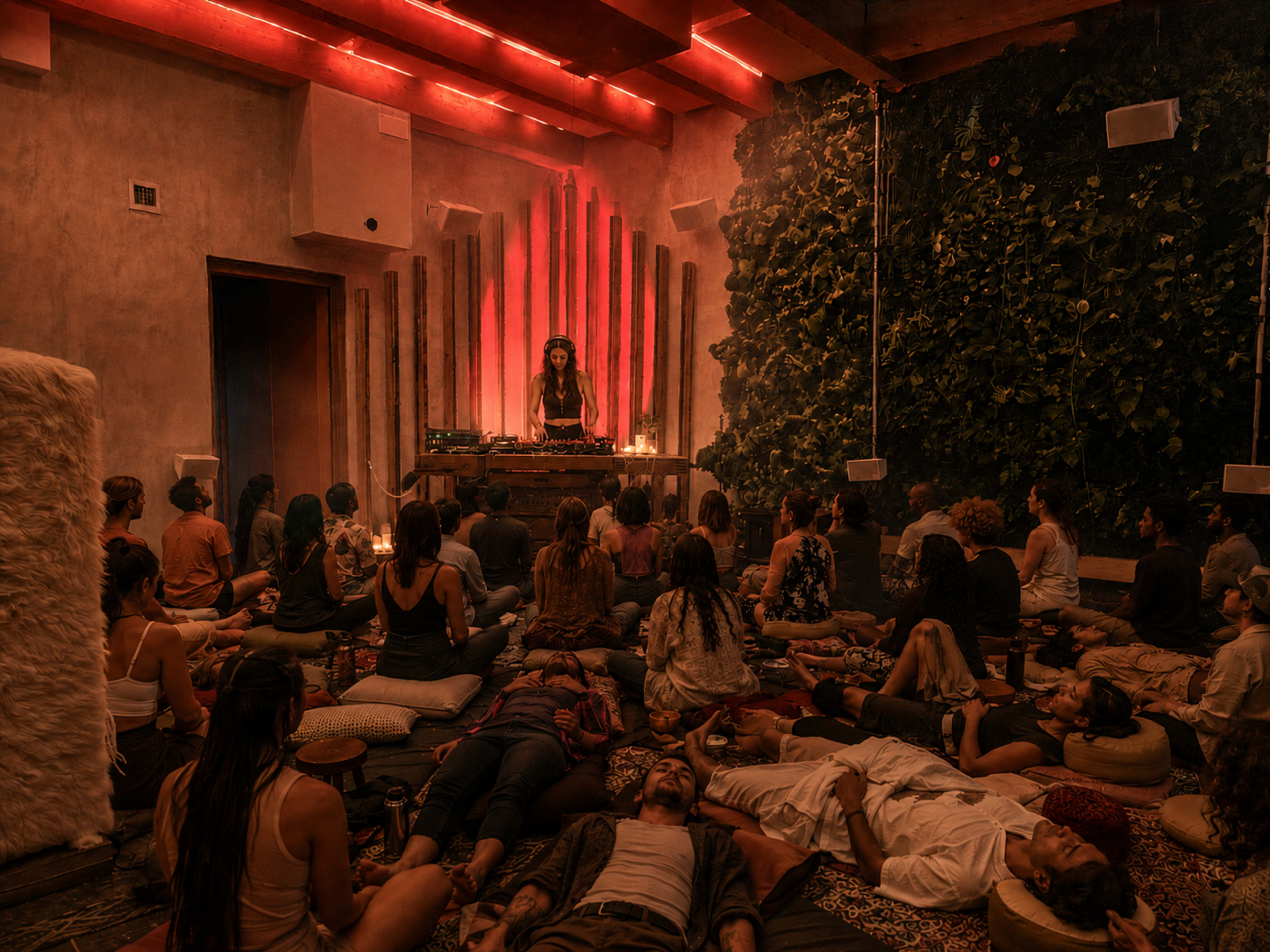 A diverse group of people is seated on cushions in a dimly lit room, facing a DJ and a sound setup amid a backdrop of greenery.