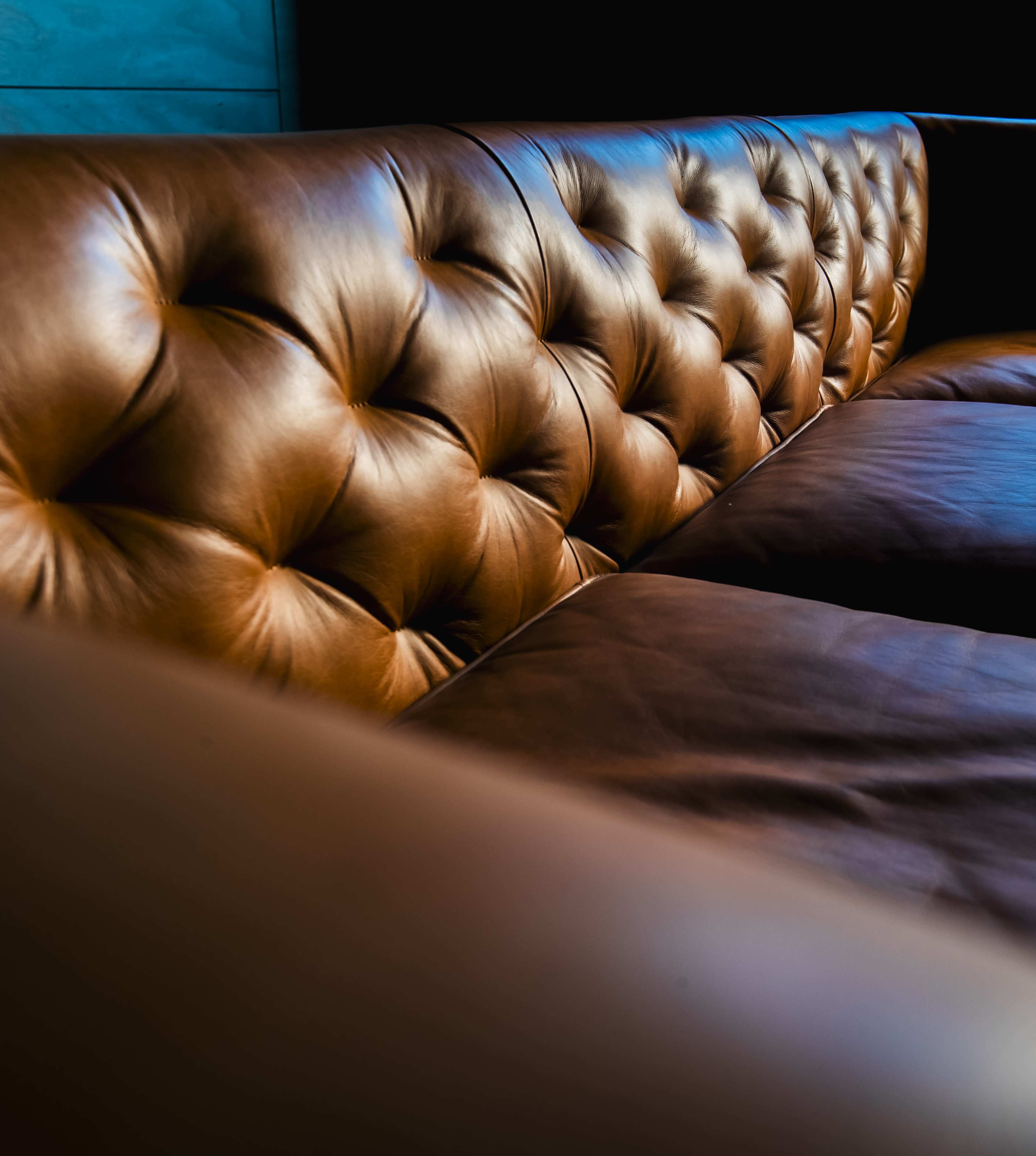 The image features a close-up of a tufted leather sofa with a focus on its textured surface.