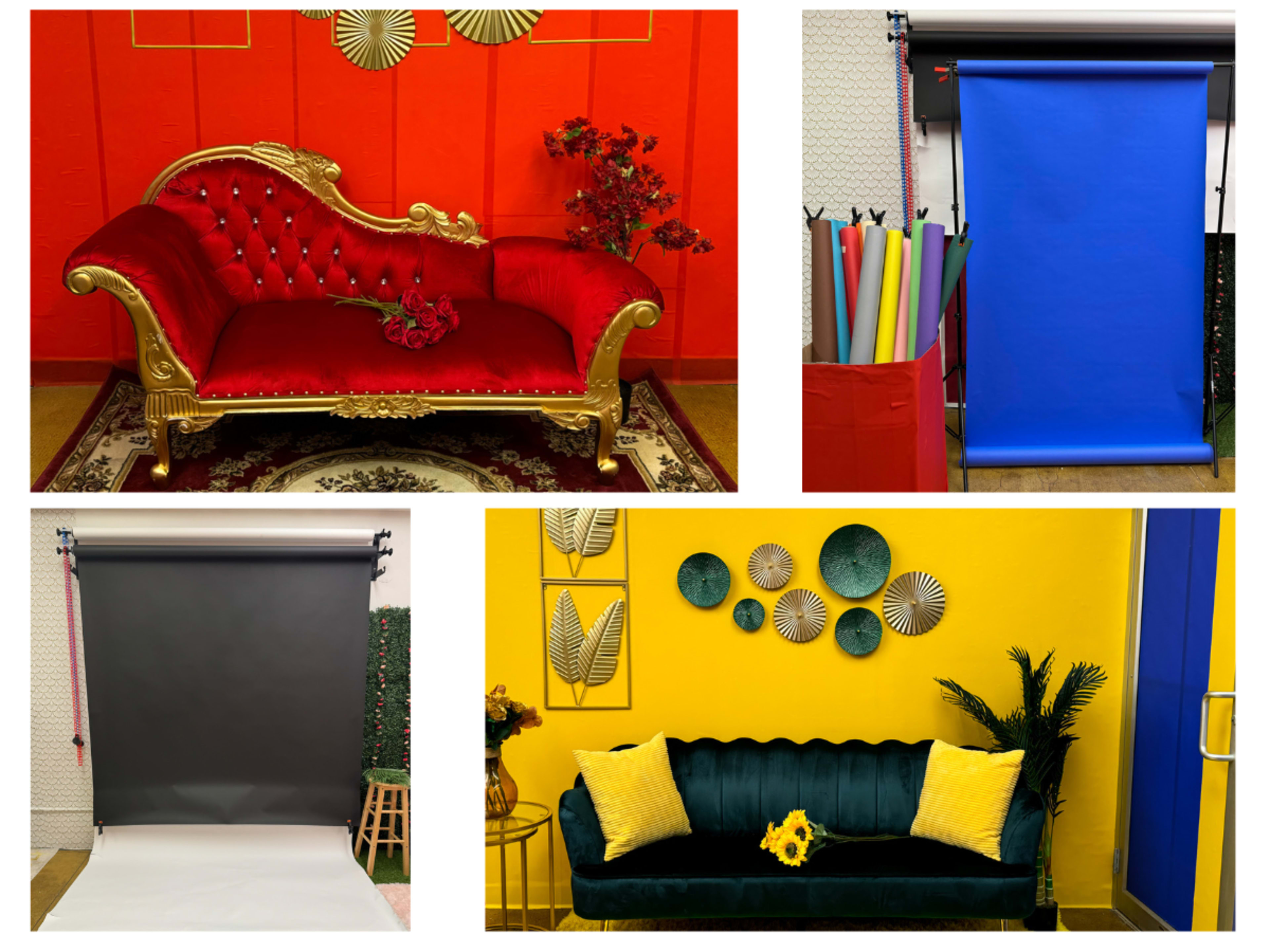 Various photography backdrops and furniture arrangements, including a red velvet couch, a blue backdrop roll, and colorful paper rolls next to decorative wall art.