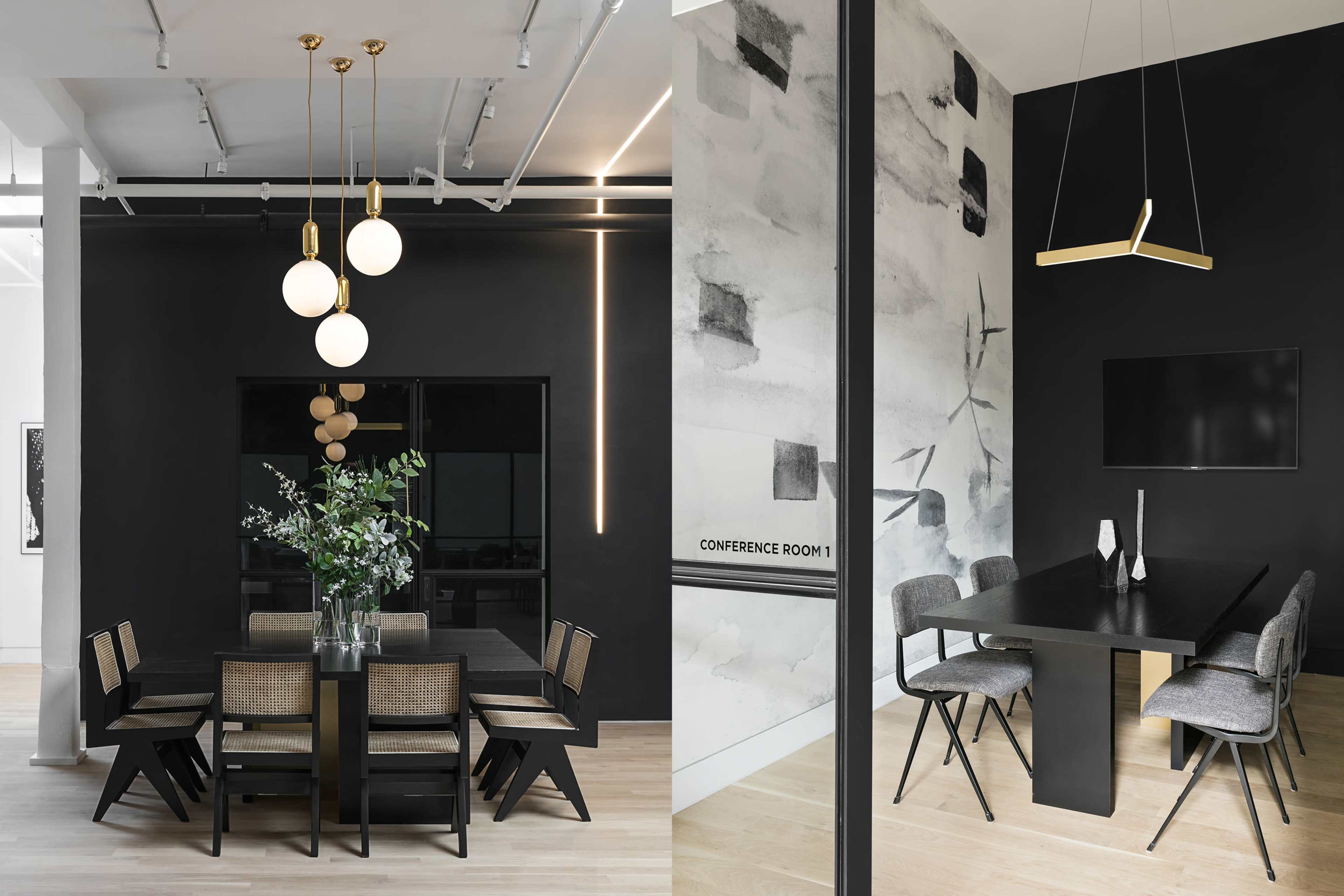 Two modern conference rooms, one with a large black table surrounded by six chairs and decorative lighting, and the other with a long table, minimalist decor, and a TV on the wall.