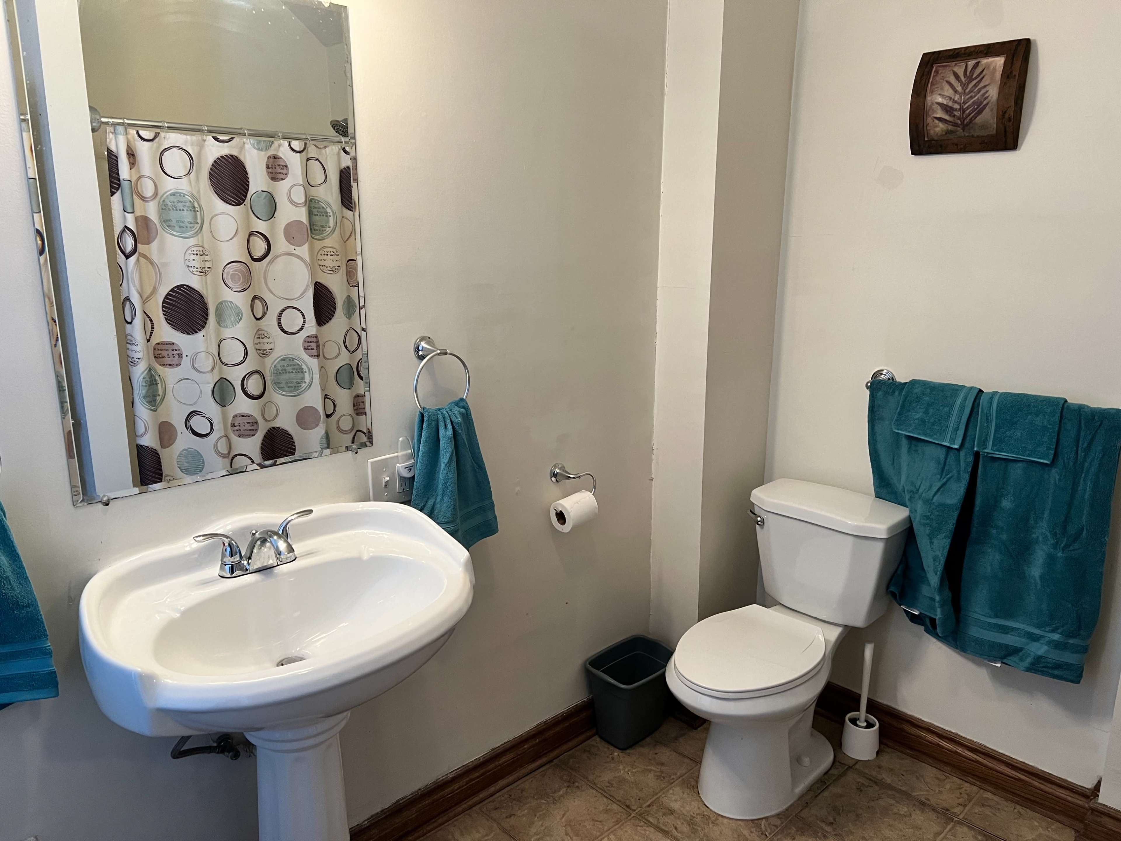 A bathroom featuring a sink with a mirror, a toilet, a shower curtain with a circular pattern, and teal towels hanging on a rack.
