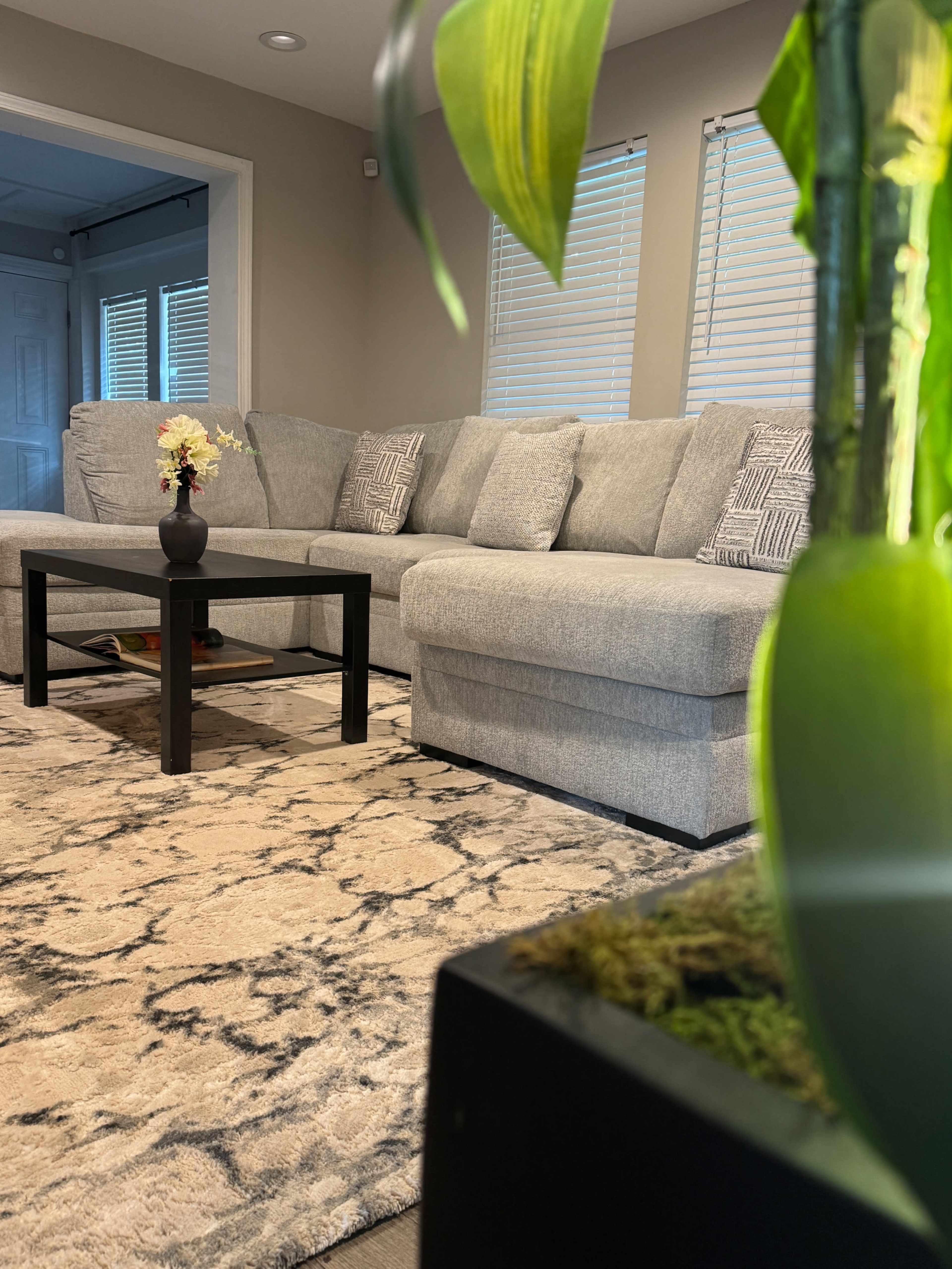 The image shows a cozy living room with a gray sectional sofa, a black coffee table, and a decorative rug.
