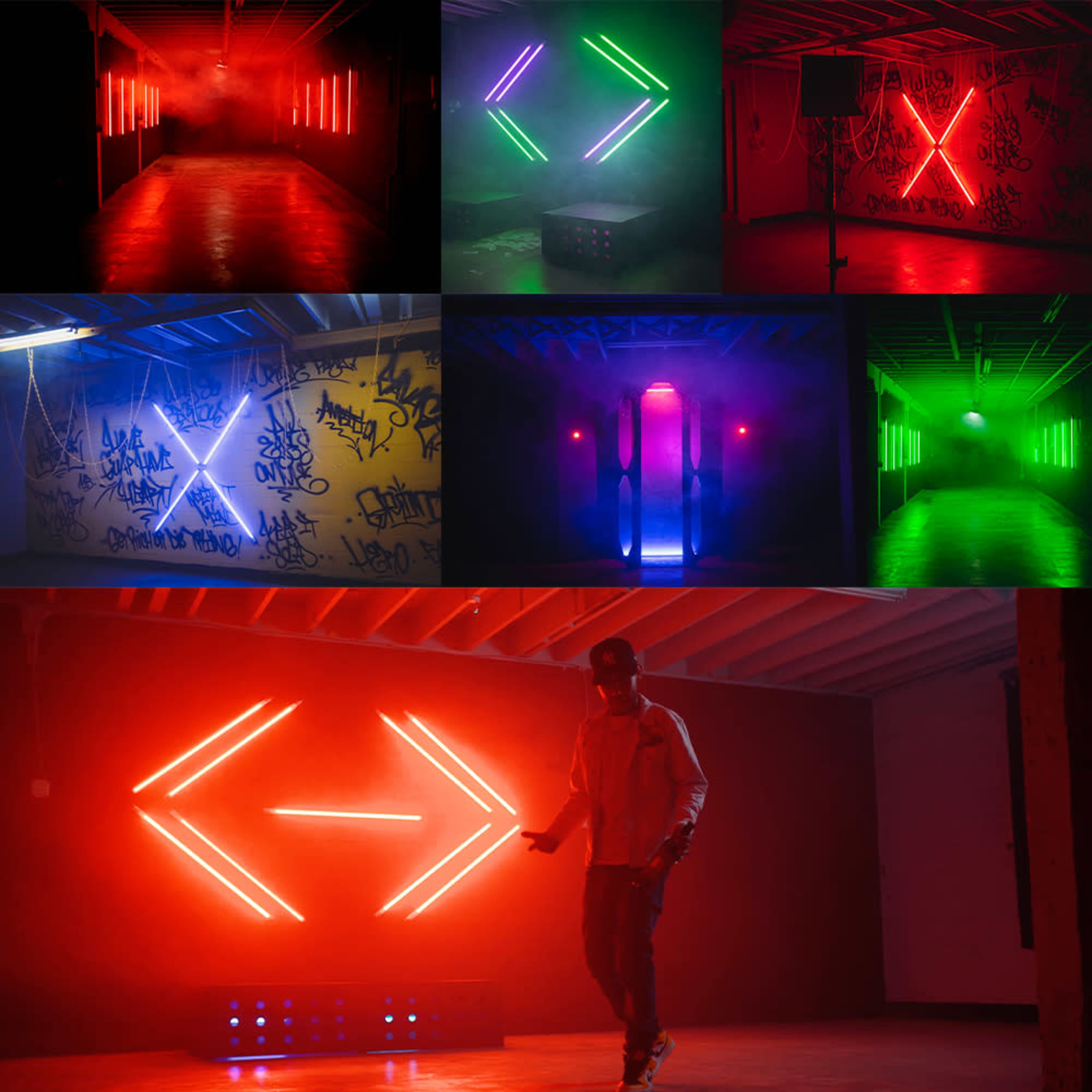 A series of visually striking, neon-lit rooms with colorful lighting effects and graffiti-covered walls.