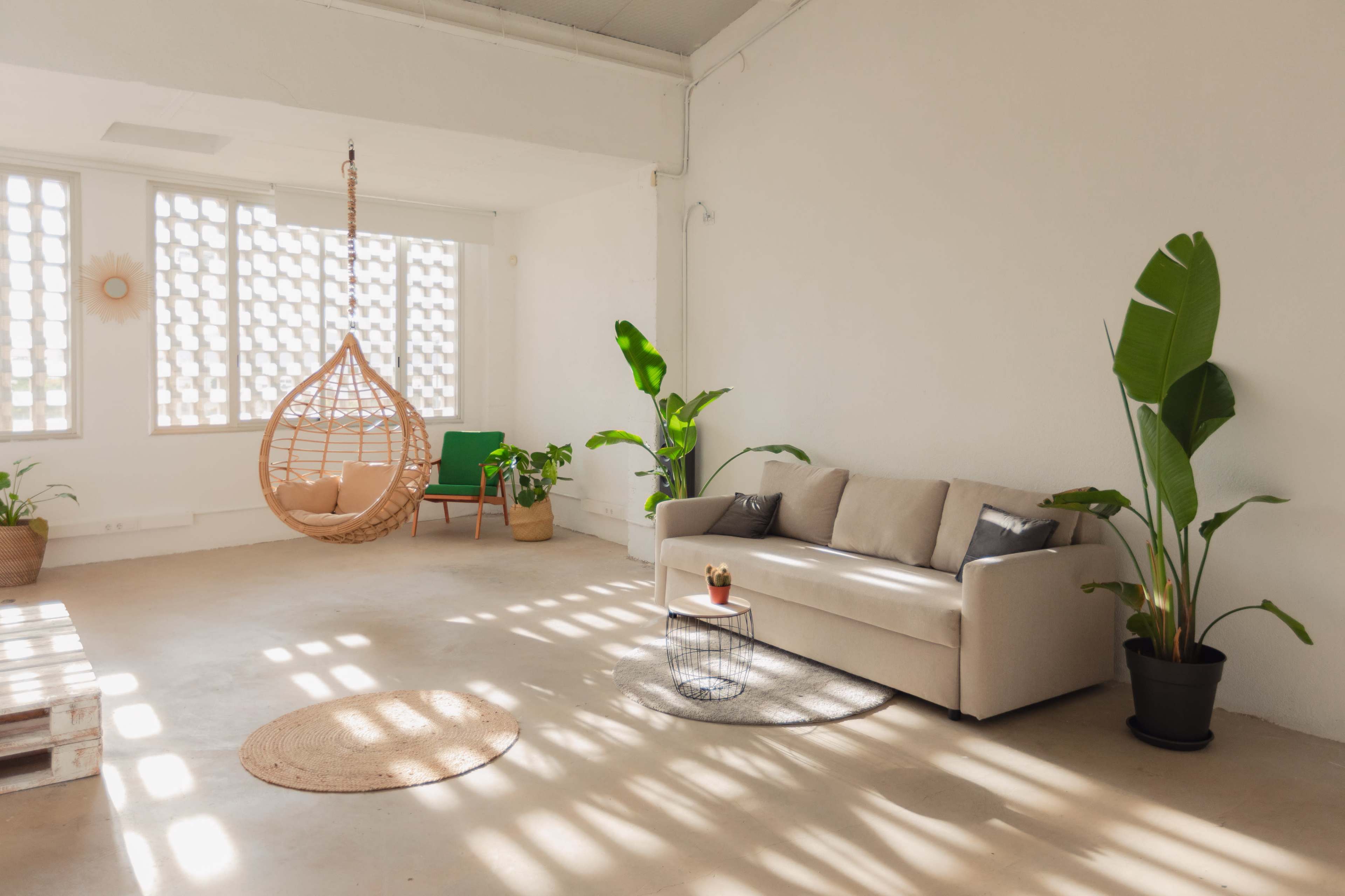 A bright, minimalist living space featuring a beige sofa, a hanging rattan chair, and several potted plants.