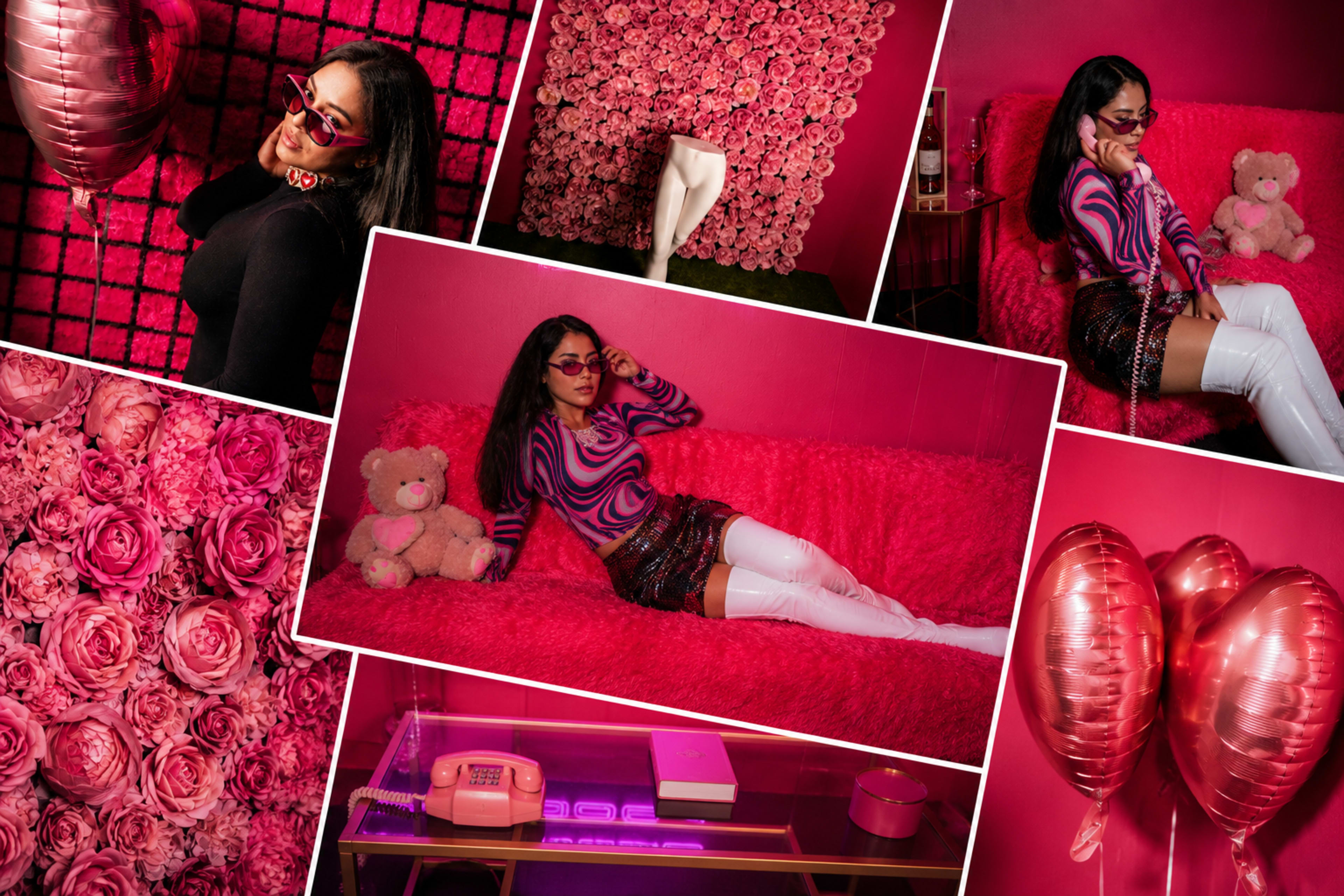 The image features a woman wearing stylish sunglasses and a colorful outfit, sitting on a vibrant pink couch amidst a backdrop of floral decorations and balloons.
