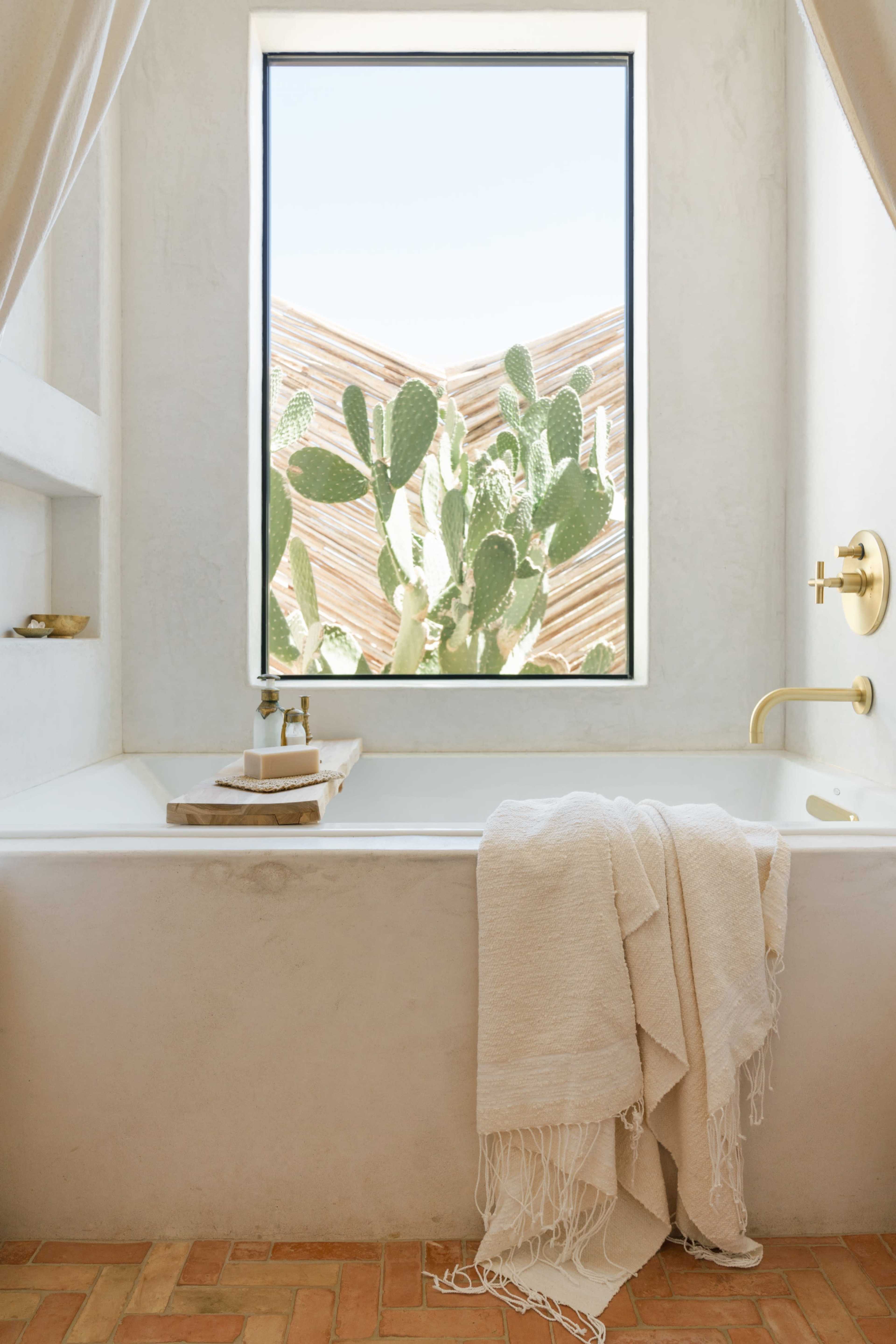 A freestanding bathtub is positioned by a large window, showcasing a view of cacti and textured hills outside.