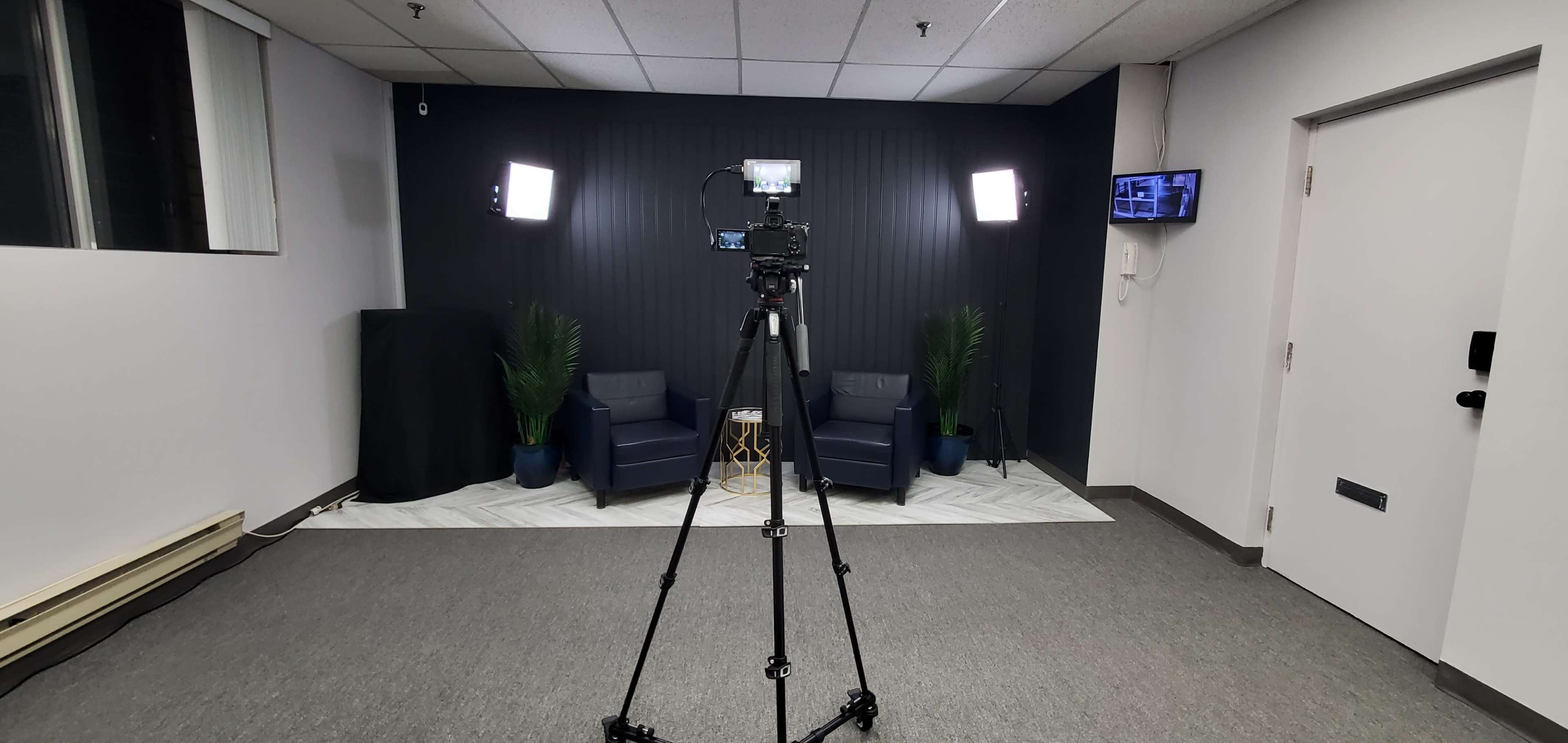 A camera on a tripod is positioned in a studio setting facing two blue chairs with potted plants against a dark wall, illuminated by two lights.