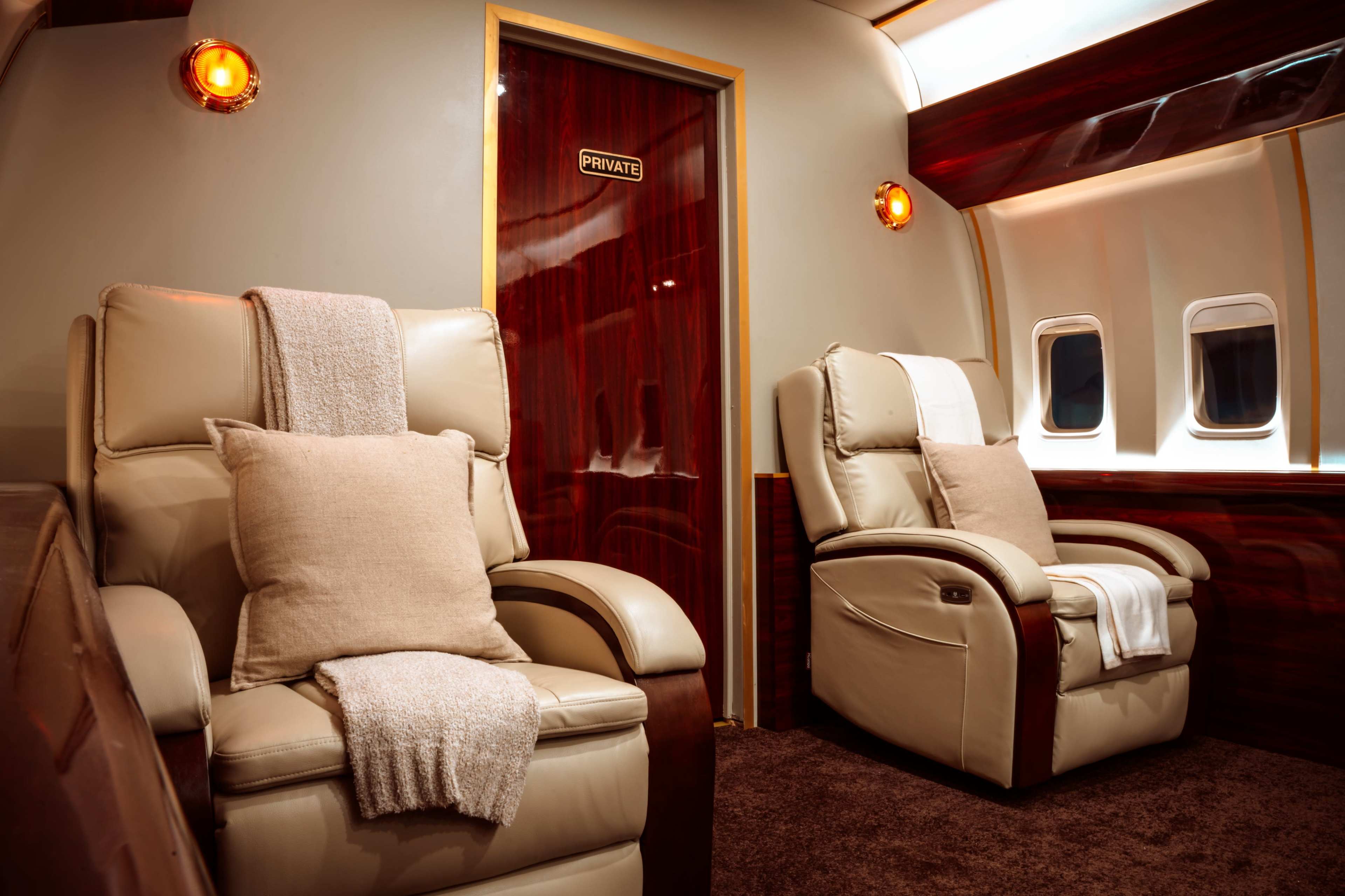 The image shows a luxurious private jet interior featuring two reclining leather chairs with decorative pillows and a door labeled "PRIVATE" in the background.