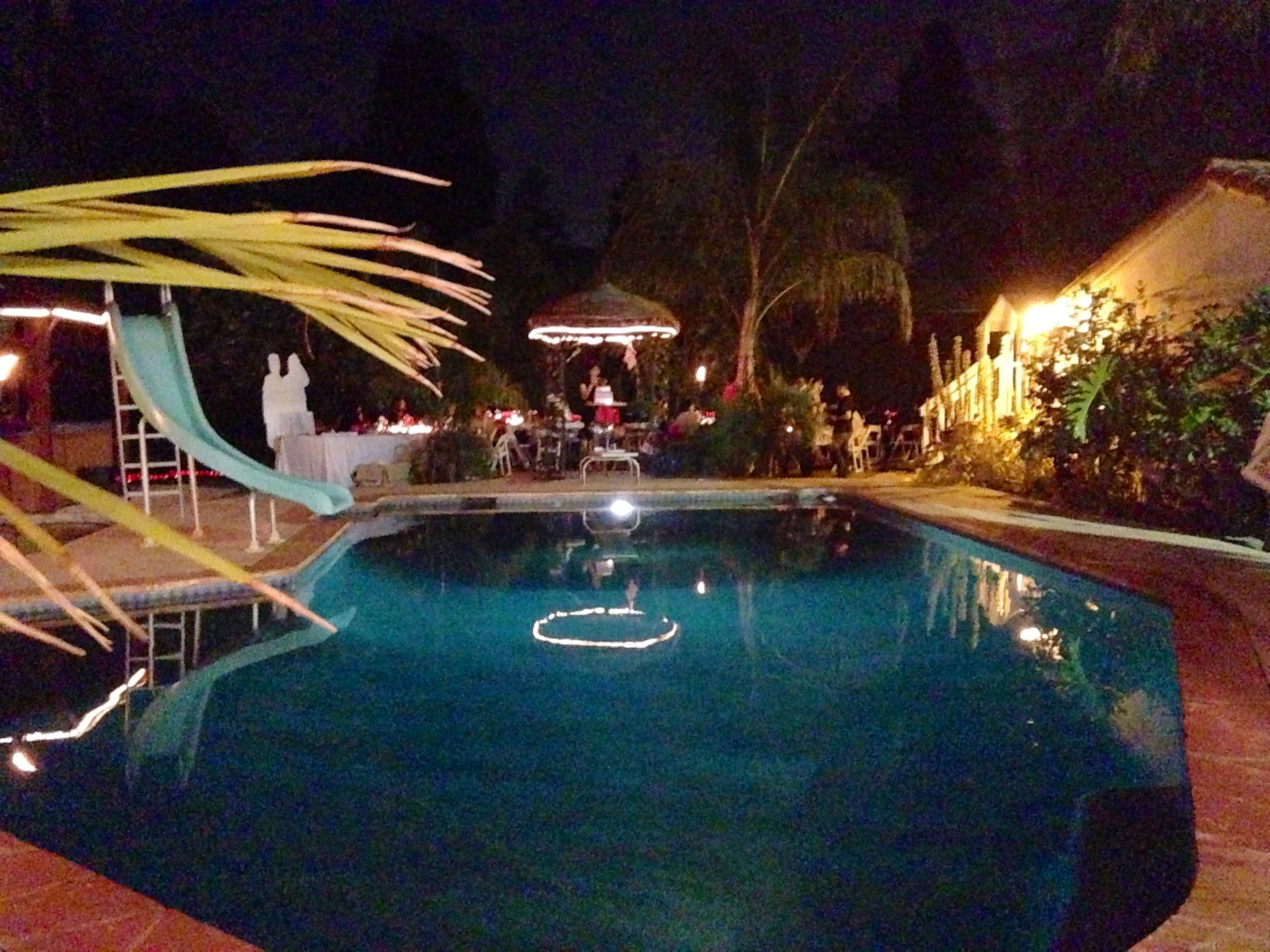 A swimming pool with a slide is illuminated at night, surrounded by outdoor seating and palm trees.