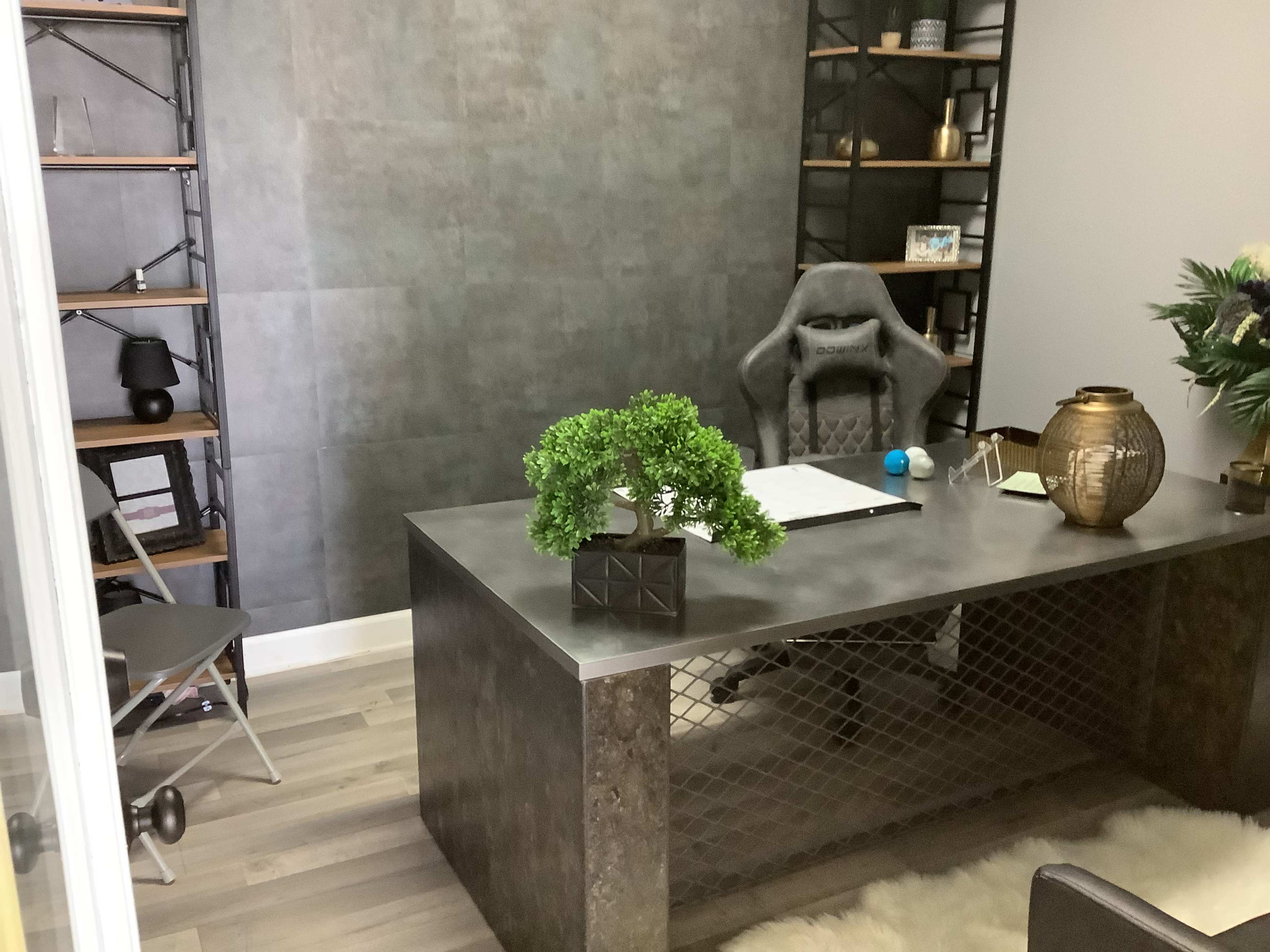 The image shows a modern office with a large desk, a chair behind it, and shelves filled with decorative items and plants.