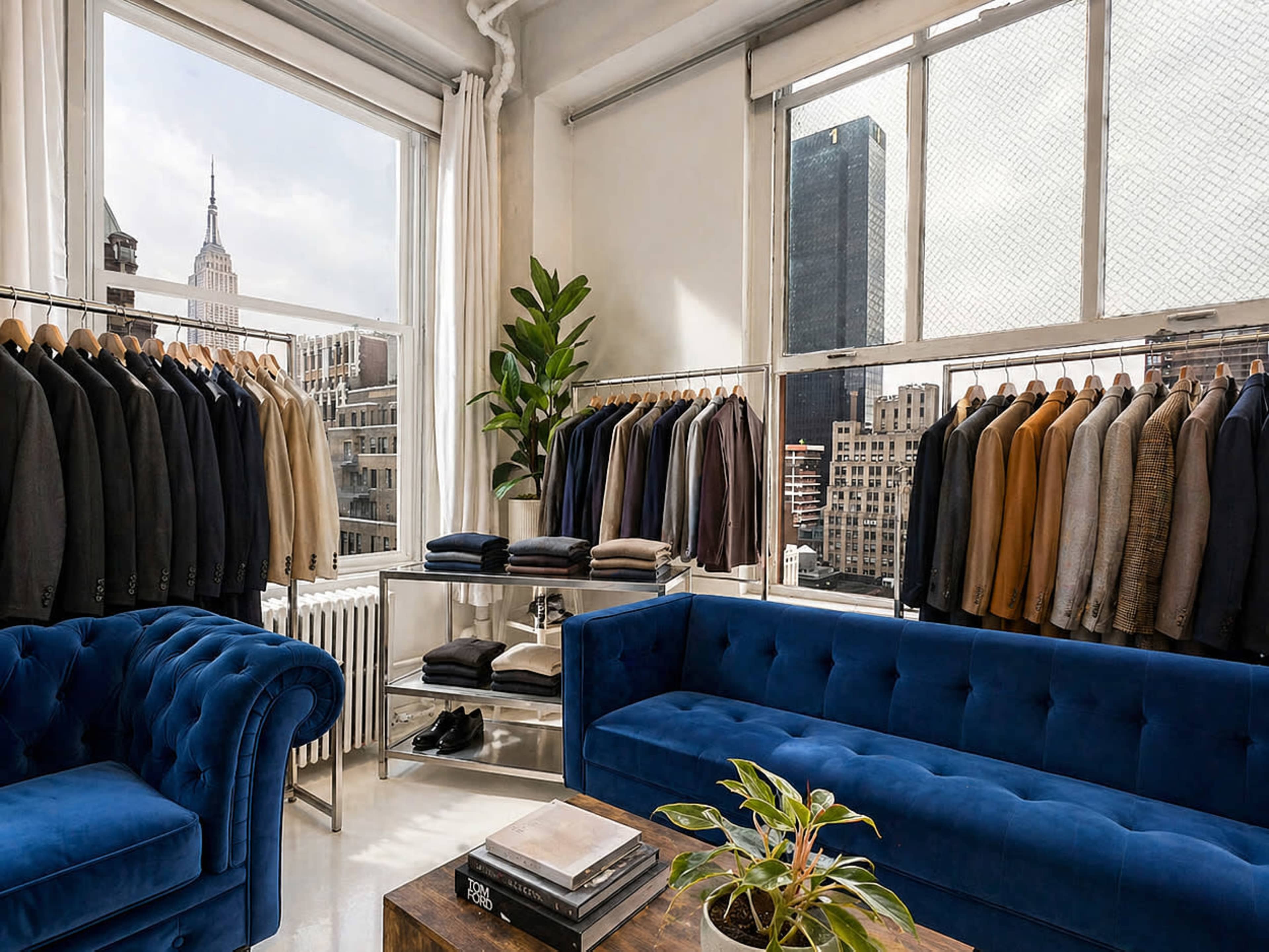 The image shows a well-organized clothing store interior with suits displayed on racks and blue sofas arranged next to a large window overlooking city skyscrapers.