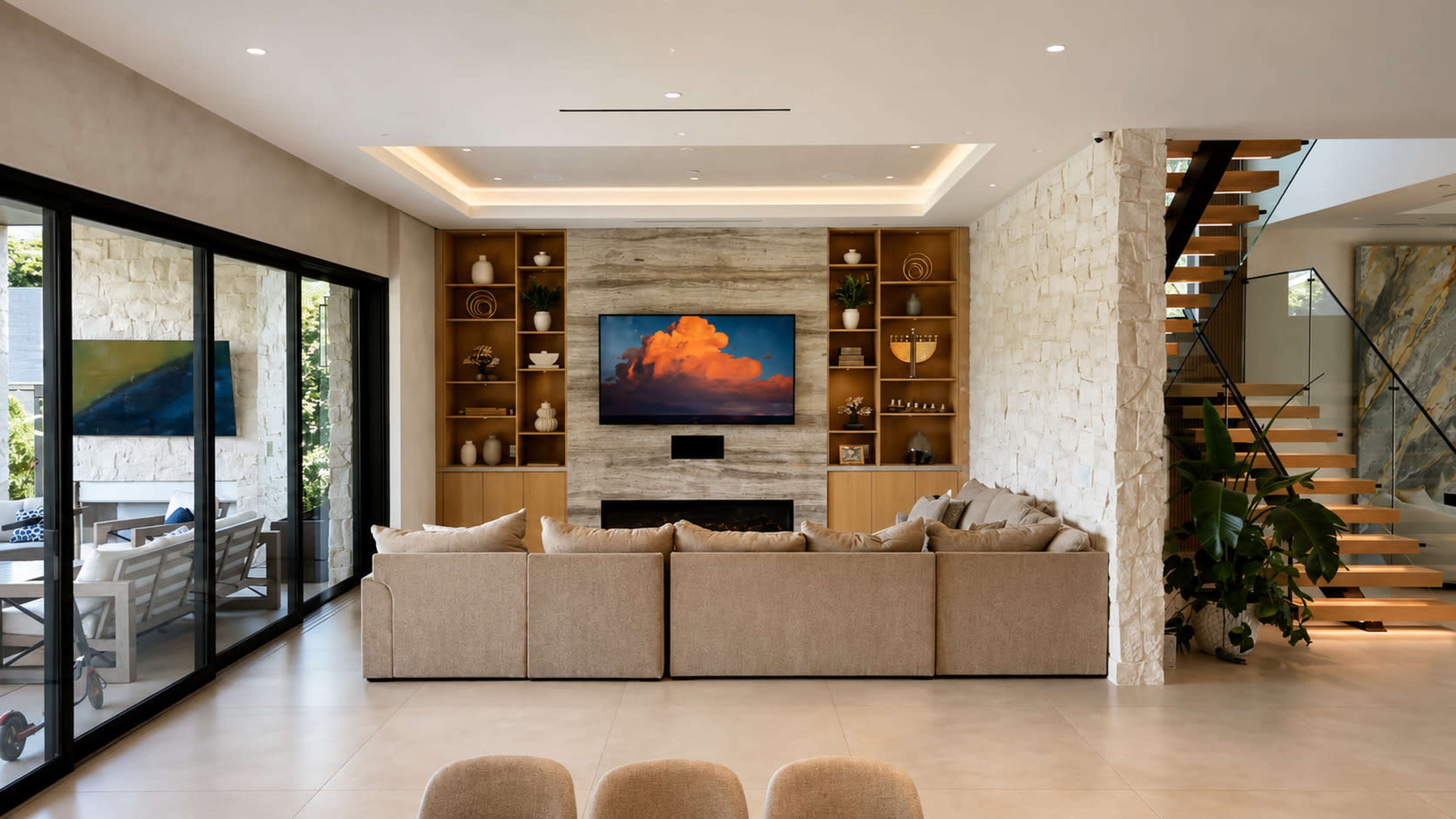 A modern living room features a large sectional sofa facing a mounted television, with a stone accent wall and a staircase in the background.