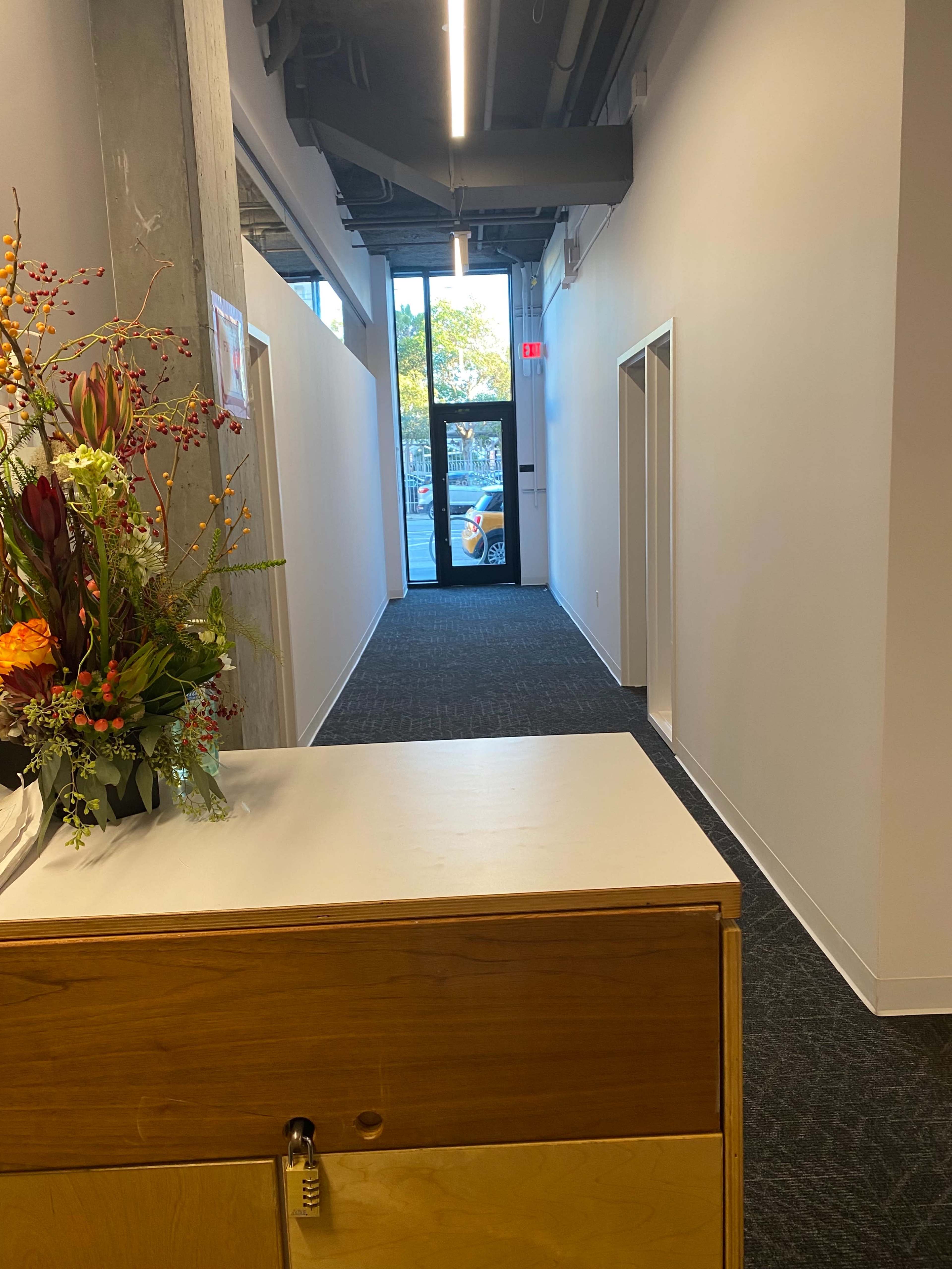 A hallway with a flower arrangement in the foreground and a glass door at the end, leading to an outside view.