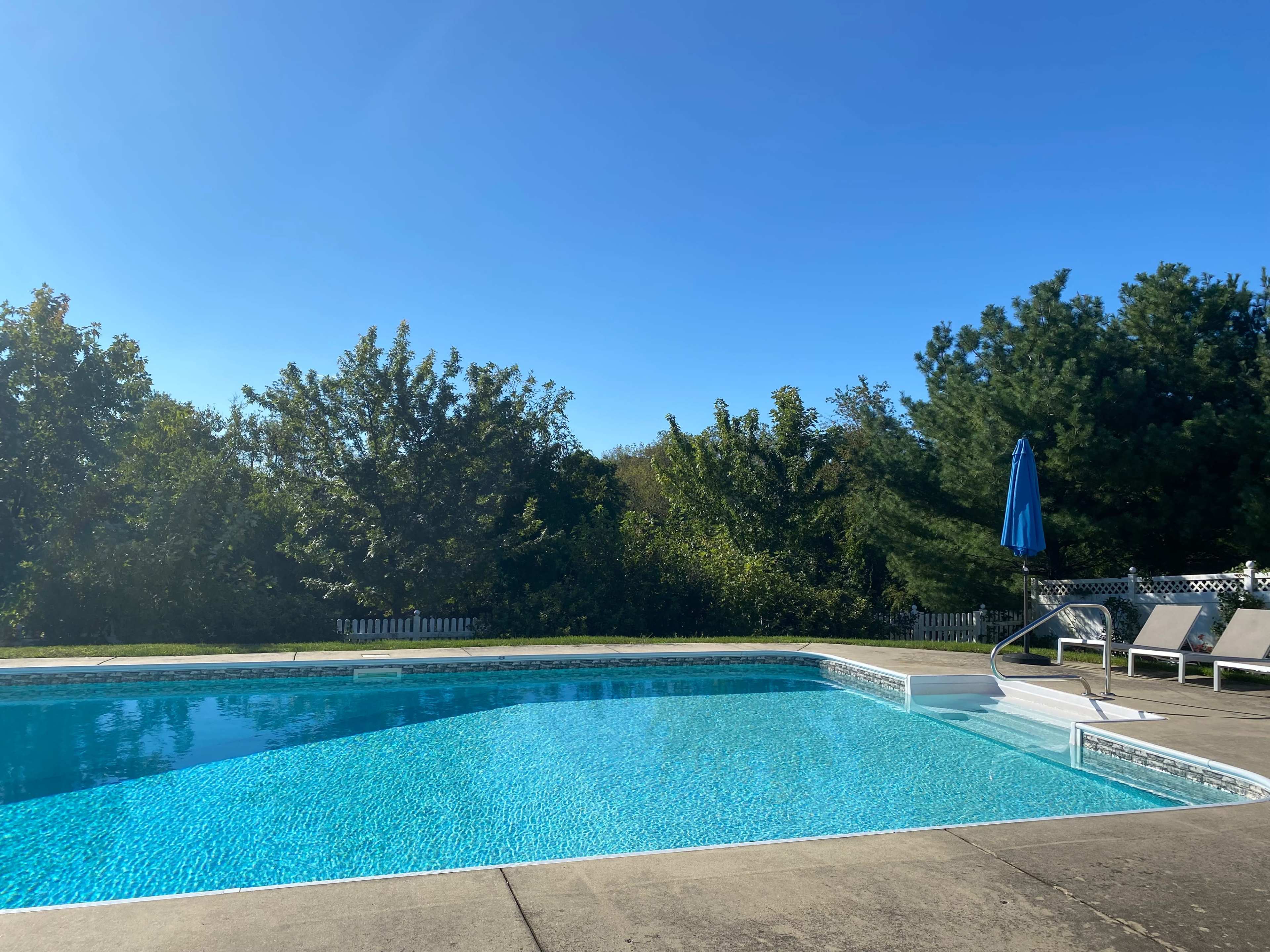 The image shows a clear swimming pool surrounded by green trees and lawn chairs under a blue umbrella.