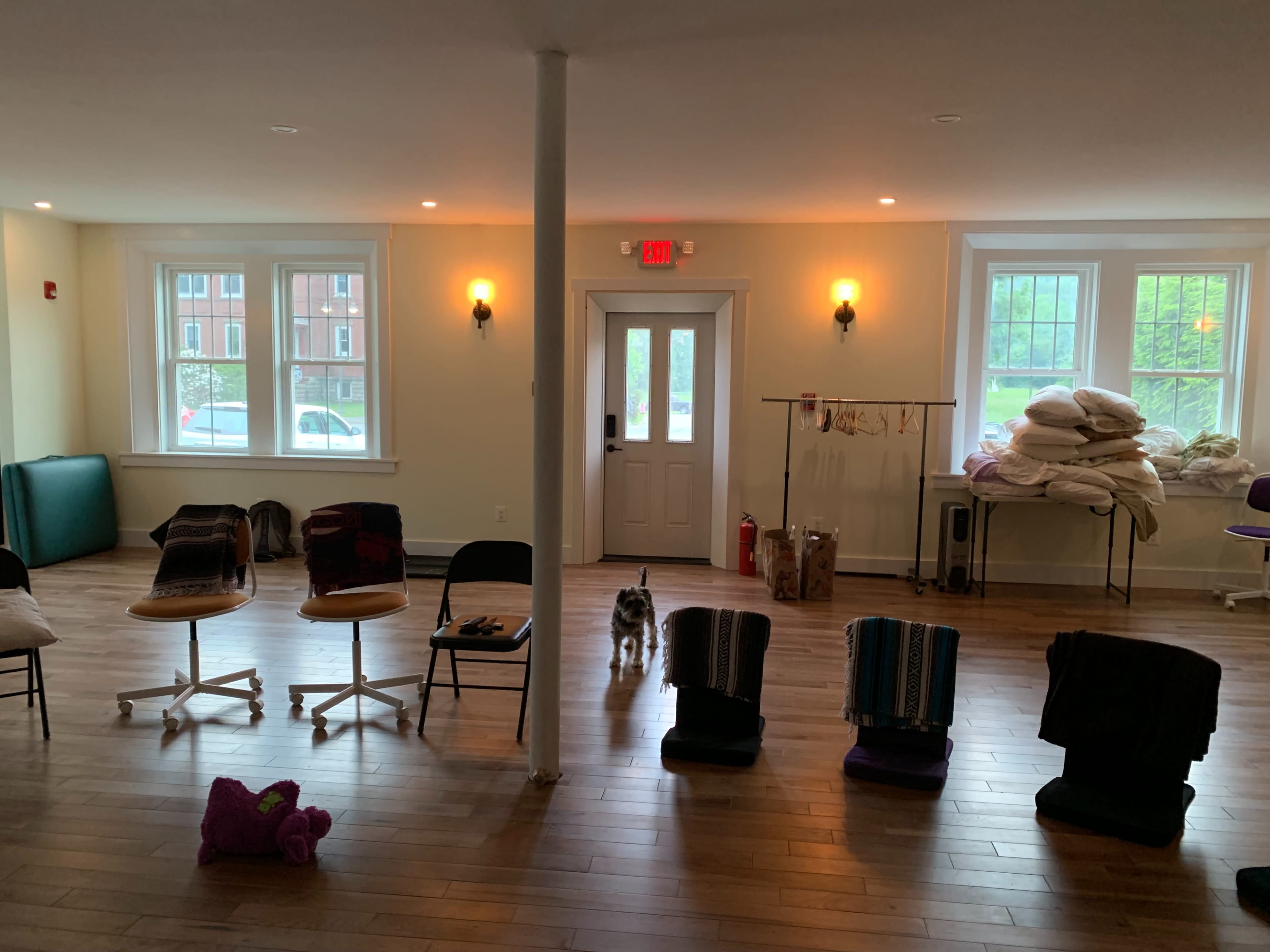 The image shows a spacious room with chairs arranged in front of a door, while blankets are stacked on a table in the corner and a dog is in the center.