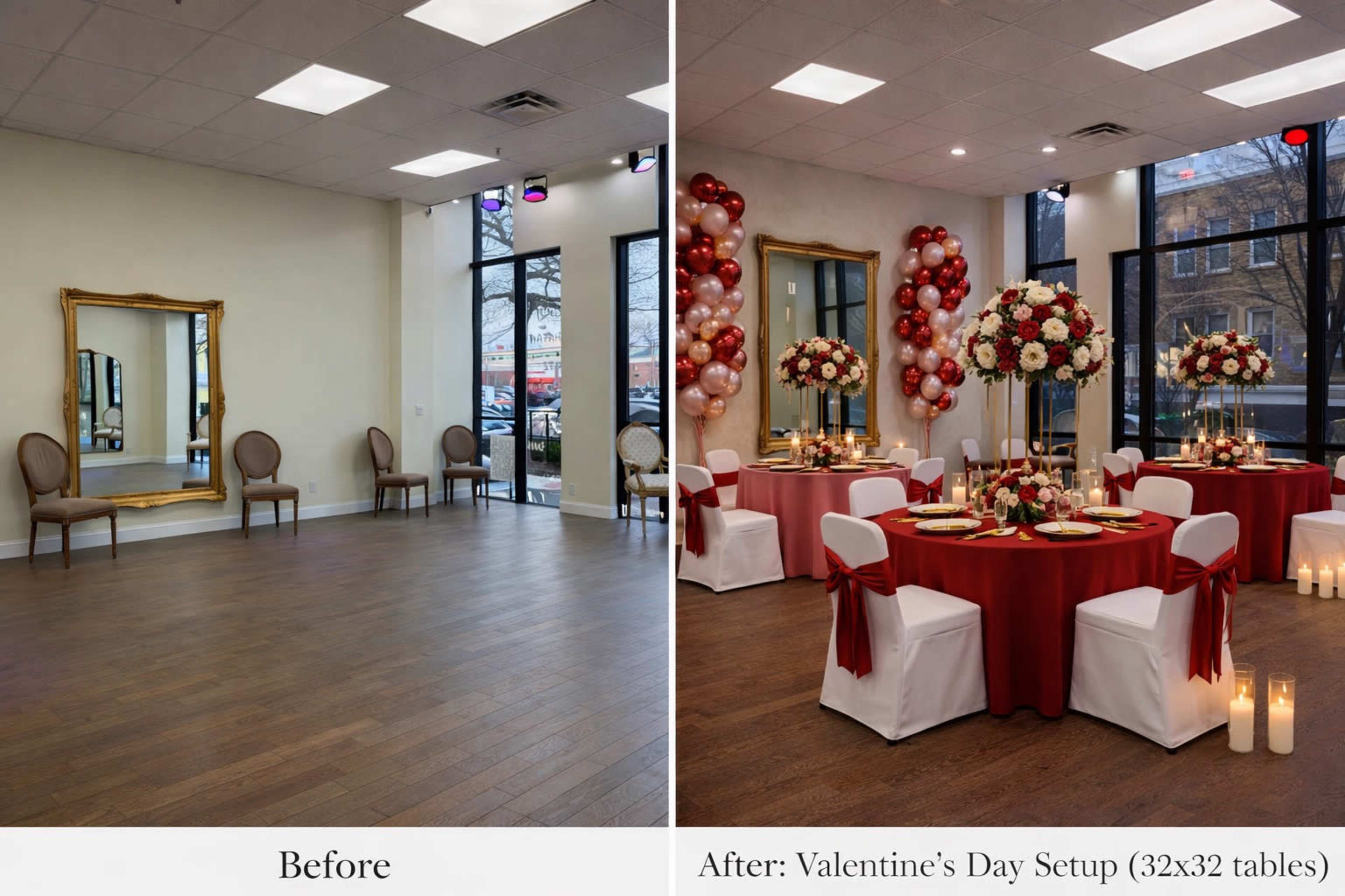 The image shows a side-by-side comparison of a plain event space before decoration and a festive Valentine's Day setup, complete with tables, floral arrangements, and balloons.