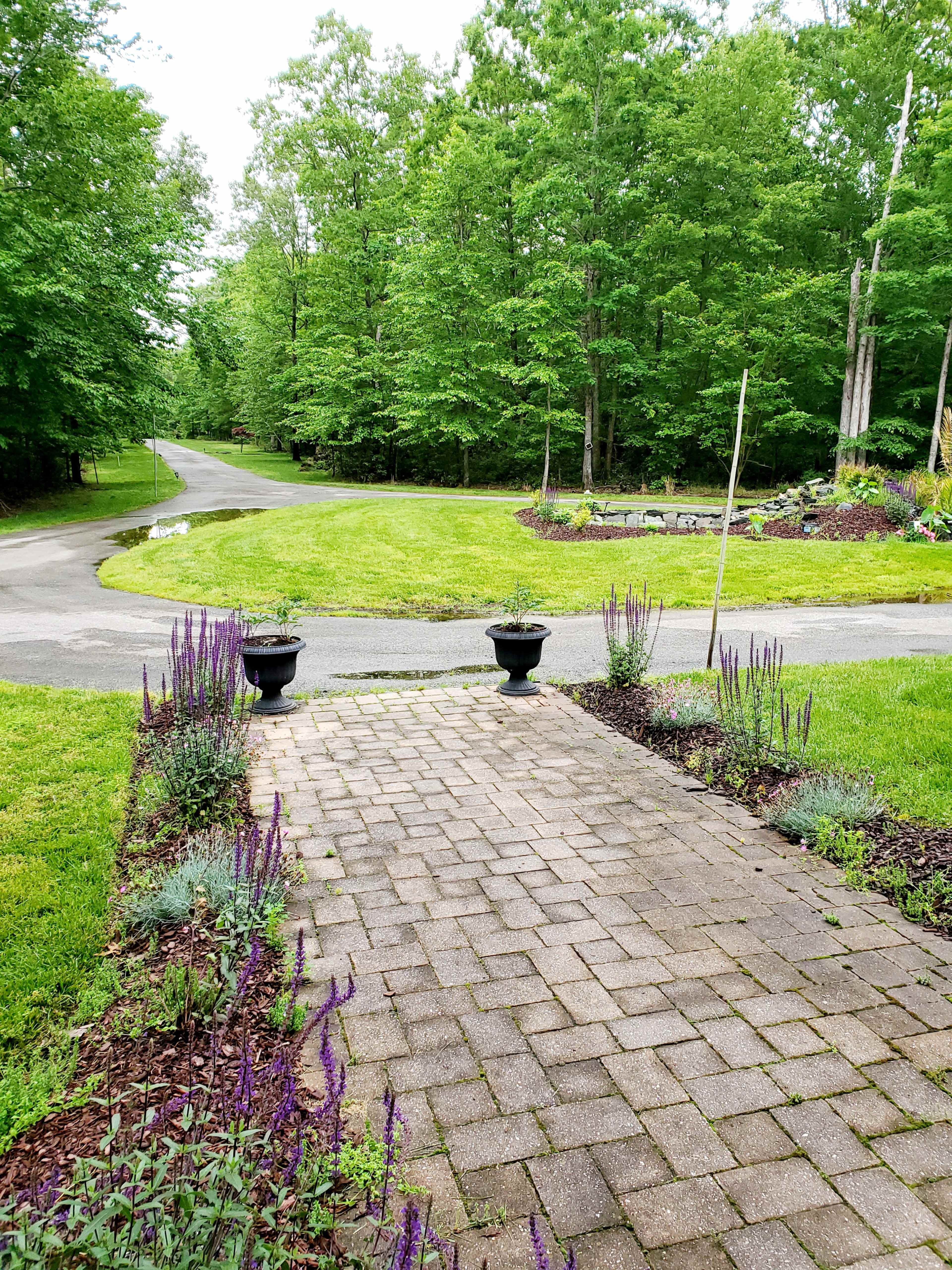 A stone pathway lined with purple flowers leads through a green landscape with a winding road and trees in the background.