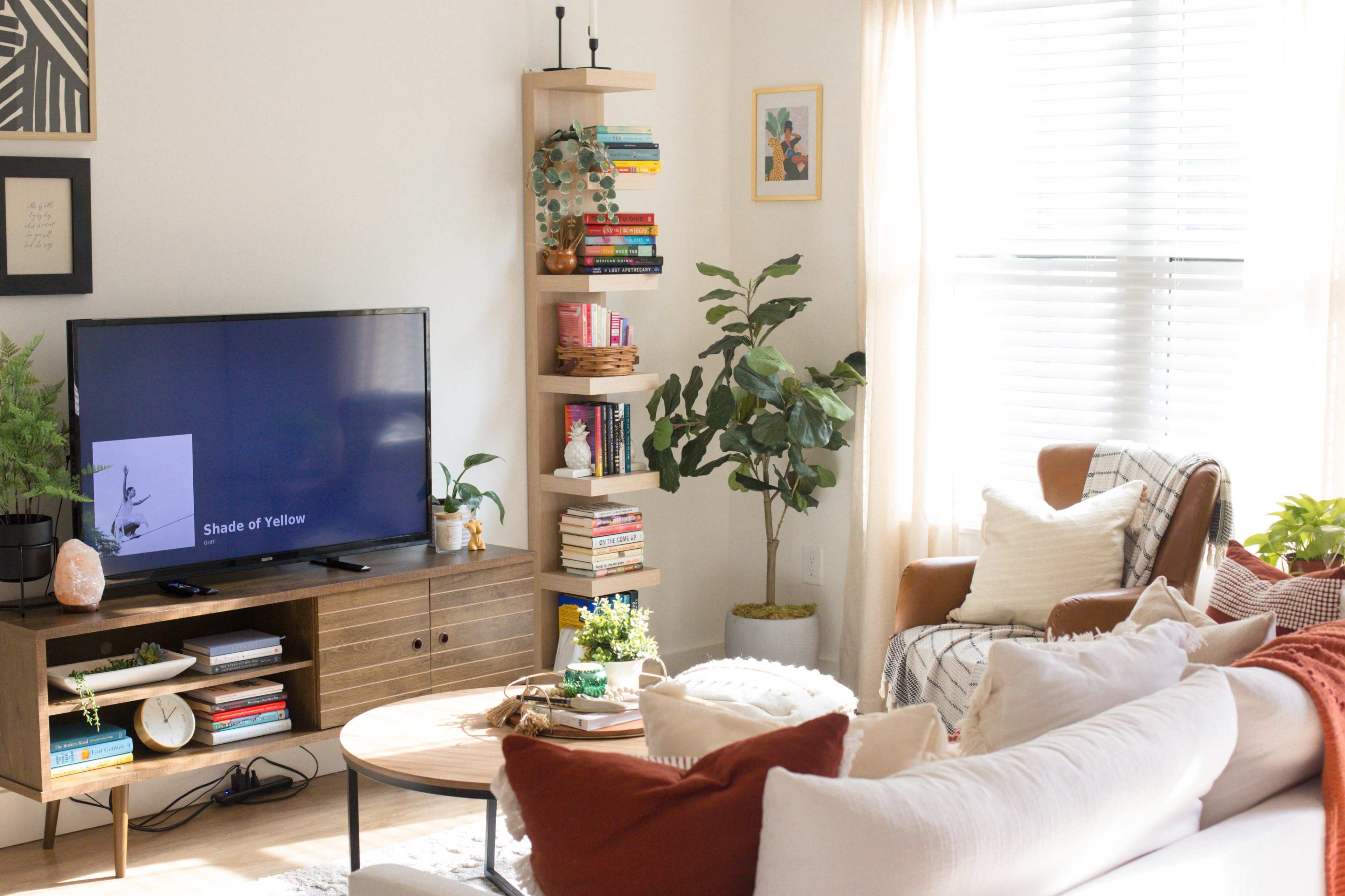 A cozy living room features a television on a wooden stand, a bookshelf filled with books, plants, and comfortable seating arrangements.