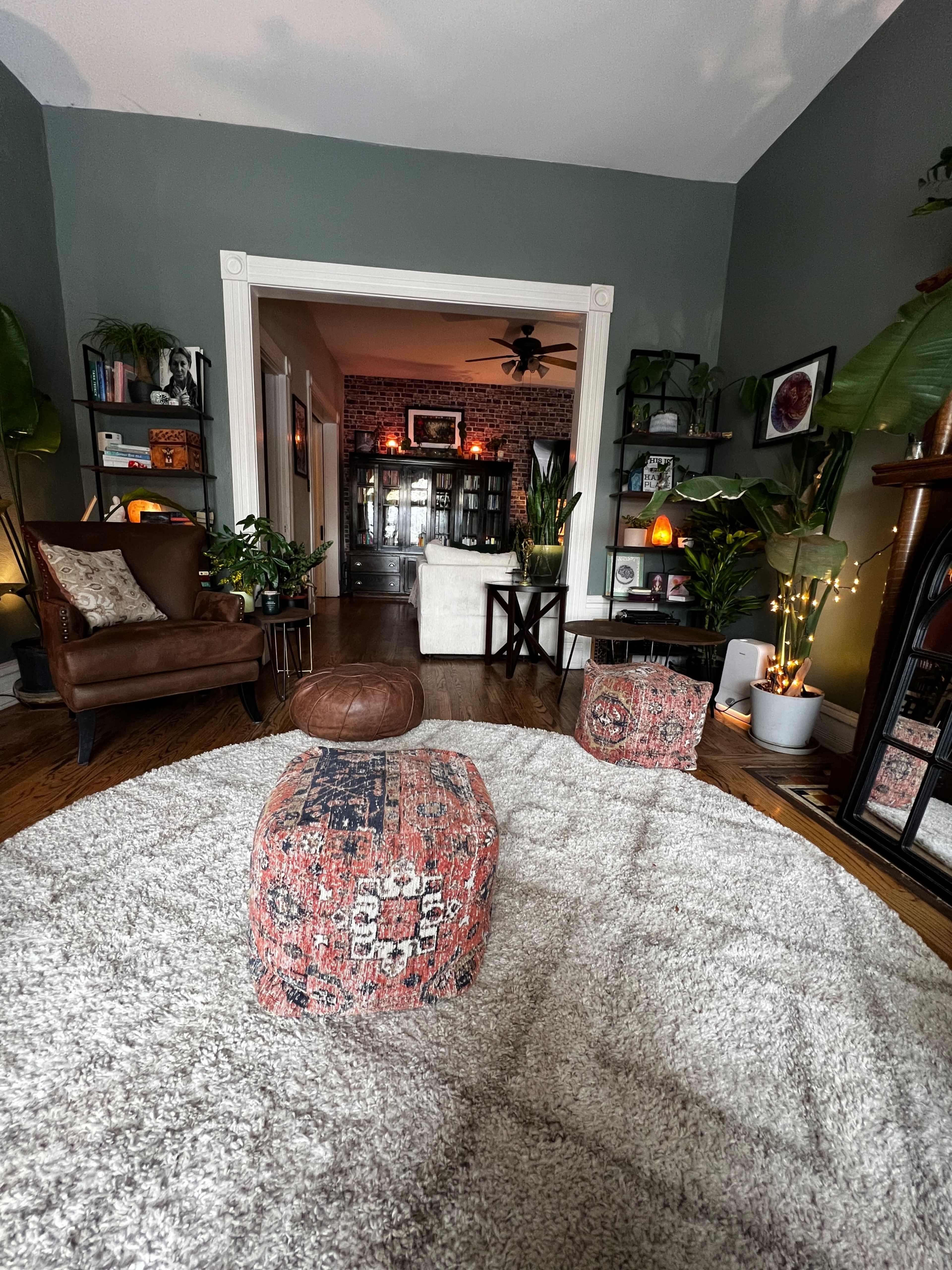 The image shows a cozy living room featuring a plush area rug, a brown armchair, decorative ottomans, and various indoor plants.