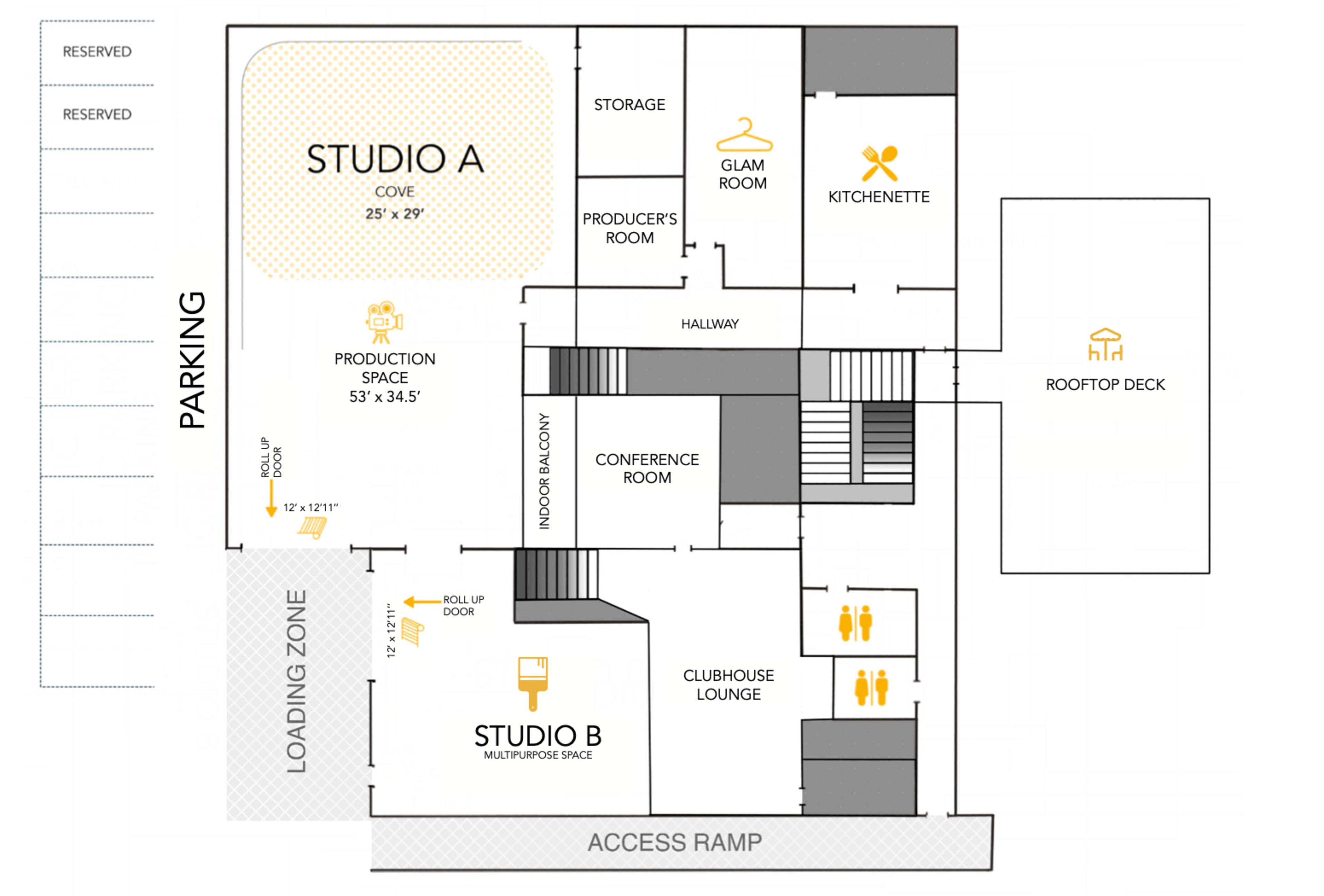 A floor plan of a building featuring various rooms, including two studios, a conference room, storage areas, and outdoor access.