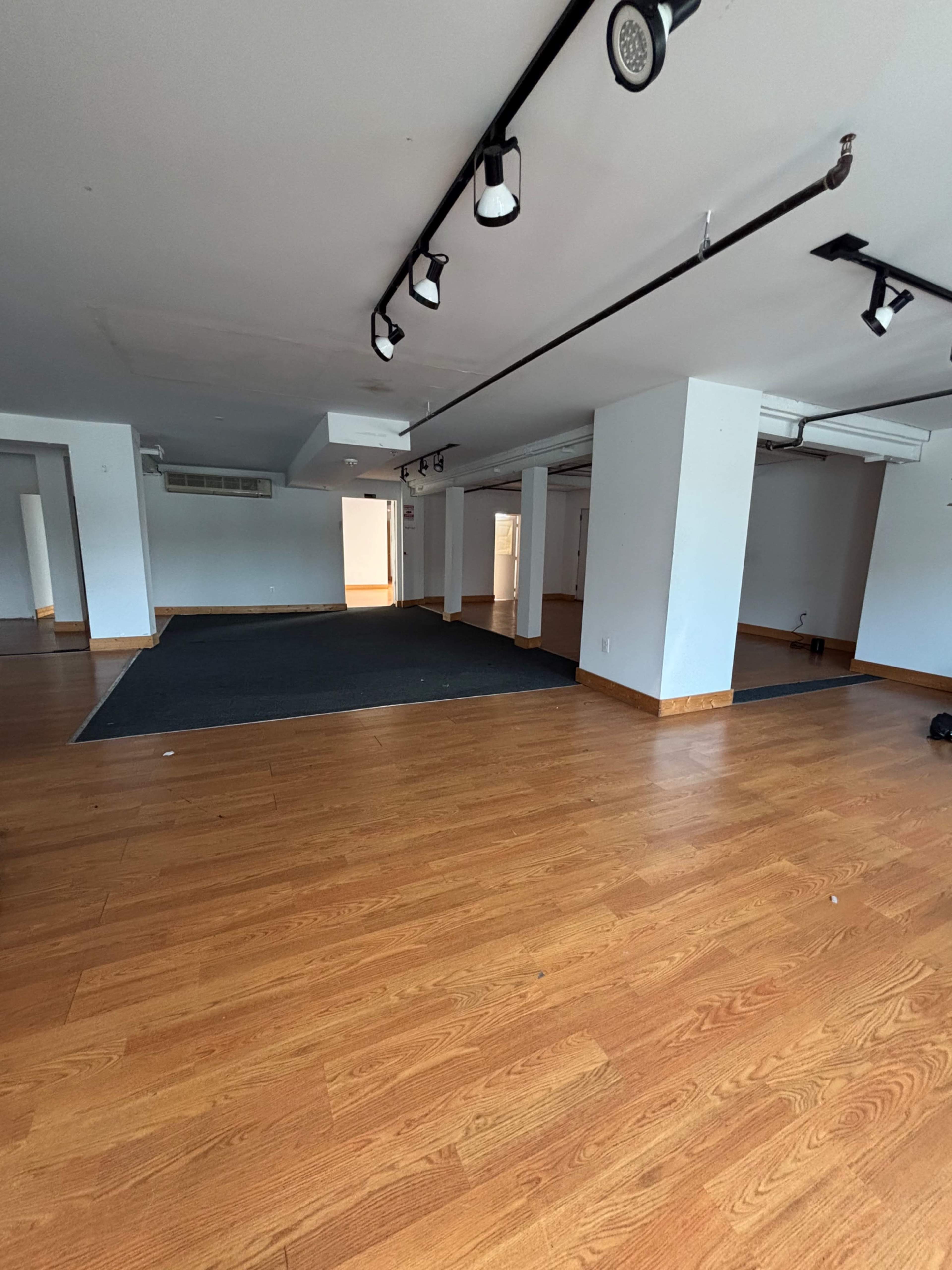 The image shows a spacious, empty room with hardwood flooring, white walls, and overhead lighting.