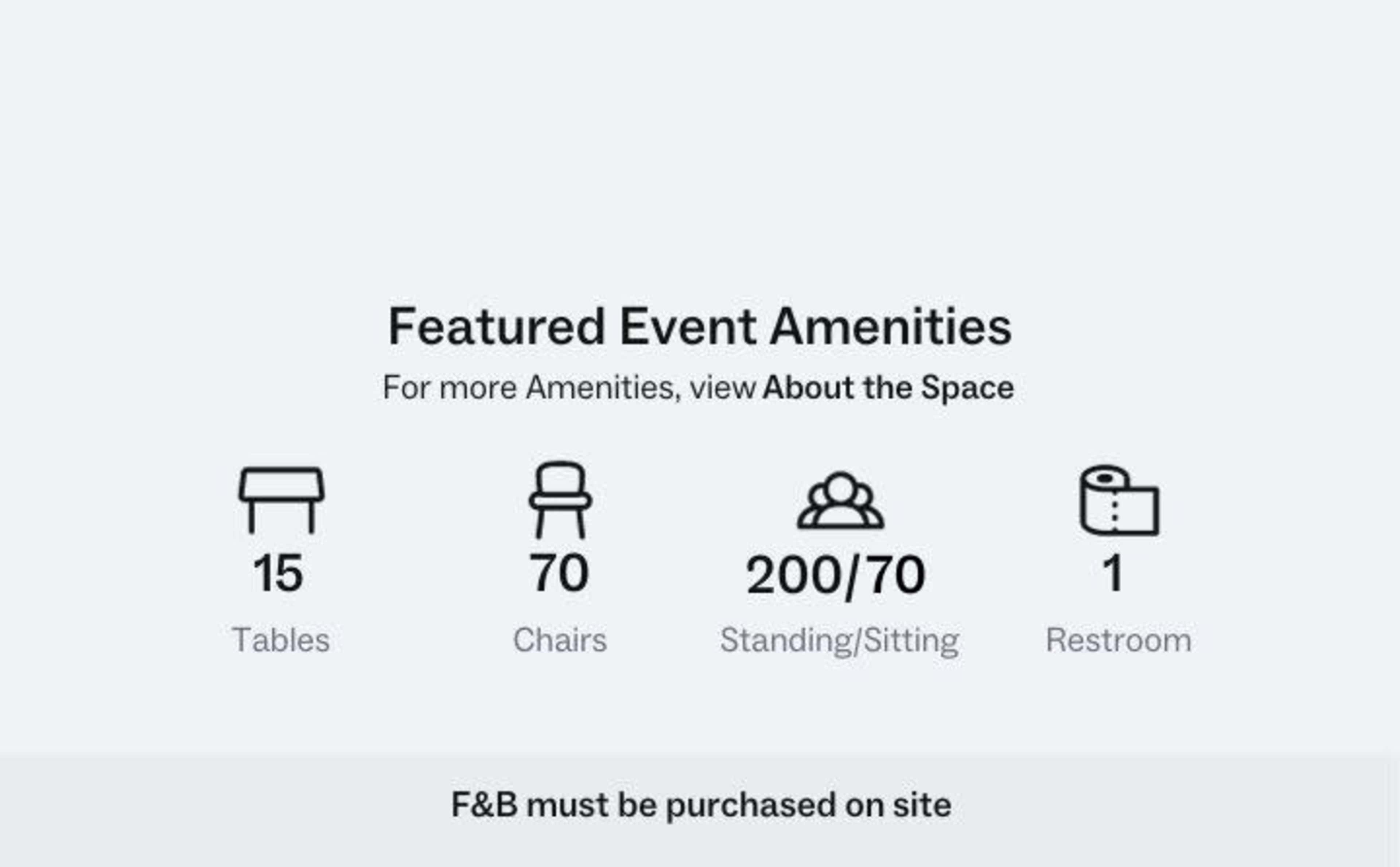 Event amenities, including 15 tables, 70 chairs, a capacity for 200/70 standing/sitting attendees, and 1 restroom.