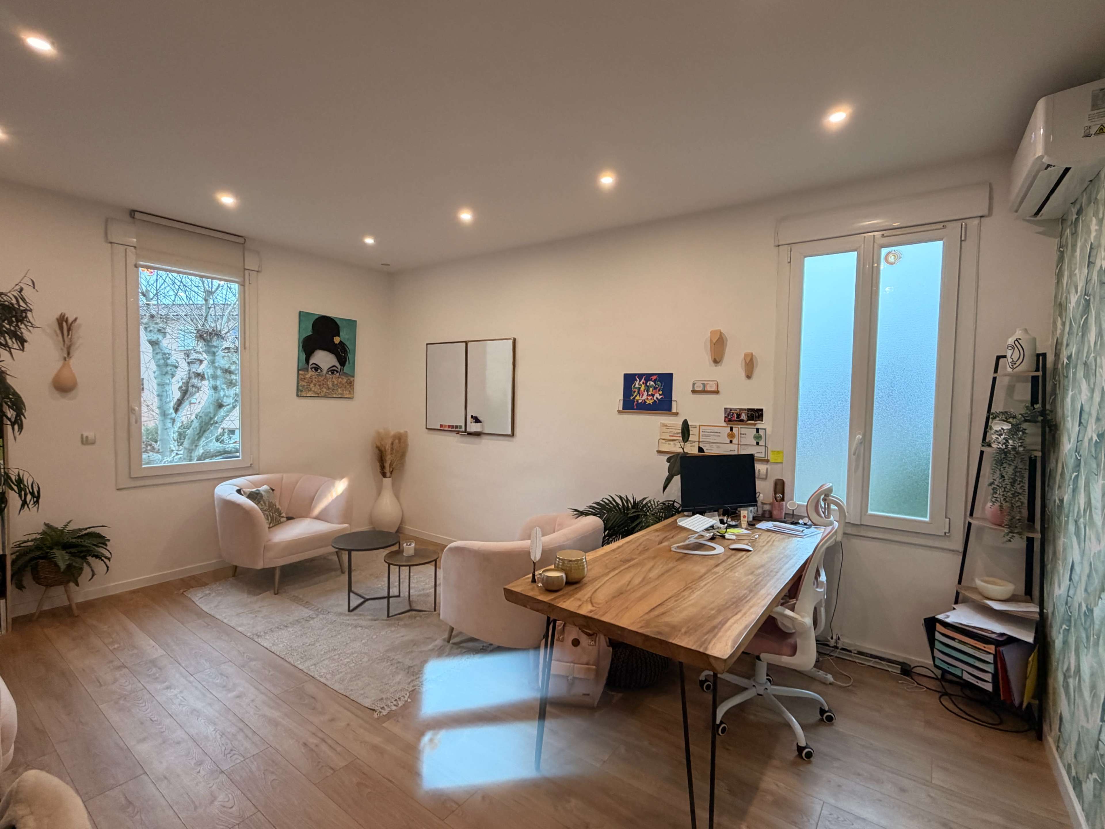 The image shows a modern office space featuring a wooden desk, a computer, two pink chairs, and plants, with large windows allowing natural light to enter.