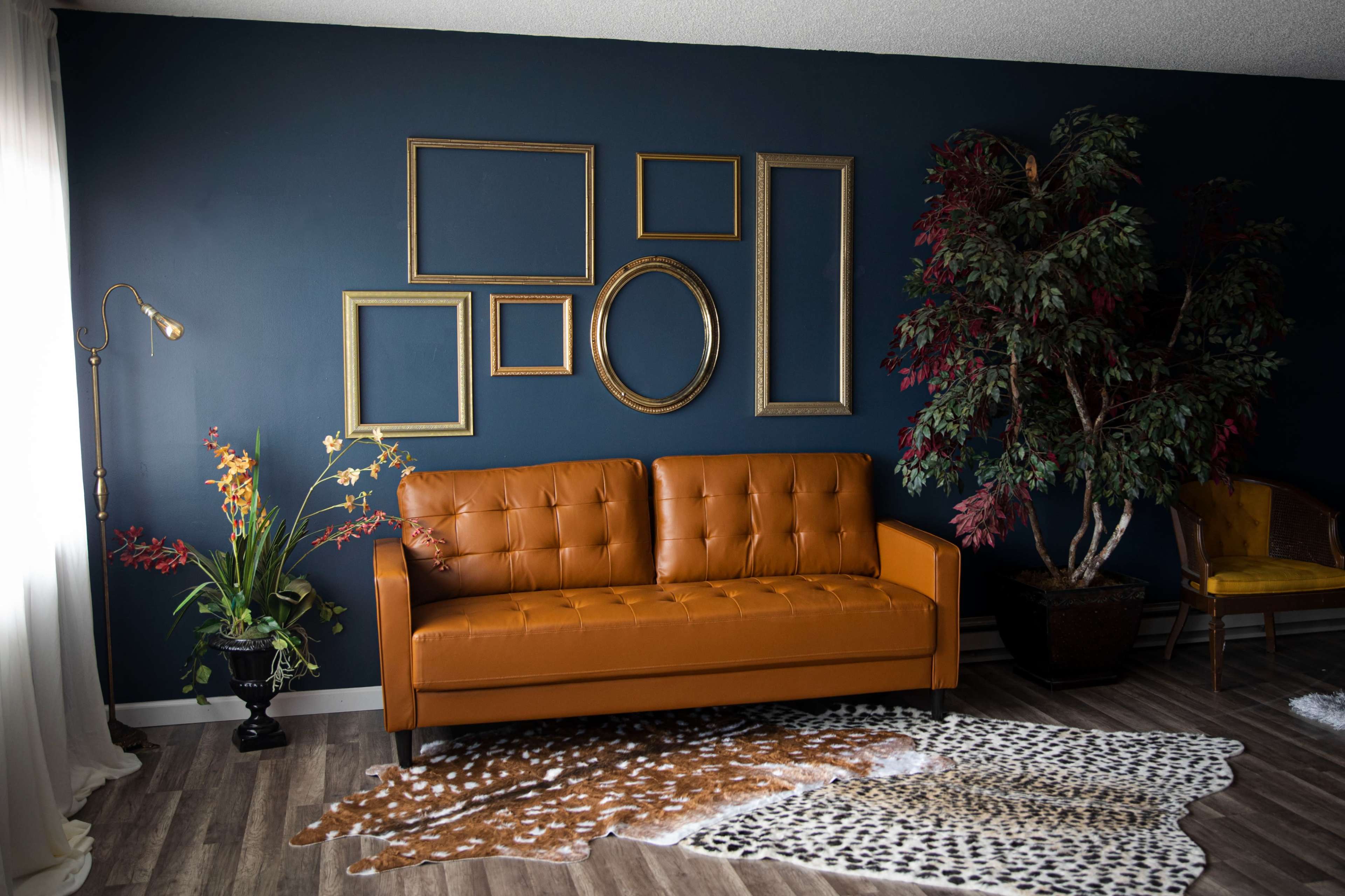 A modern living room features an orange leather sofa against a dark blue wall, adorned with empty picture frames and a decorative tree, alongside a patterned rug on the floor.
