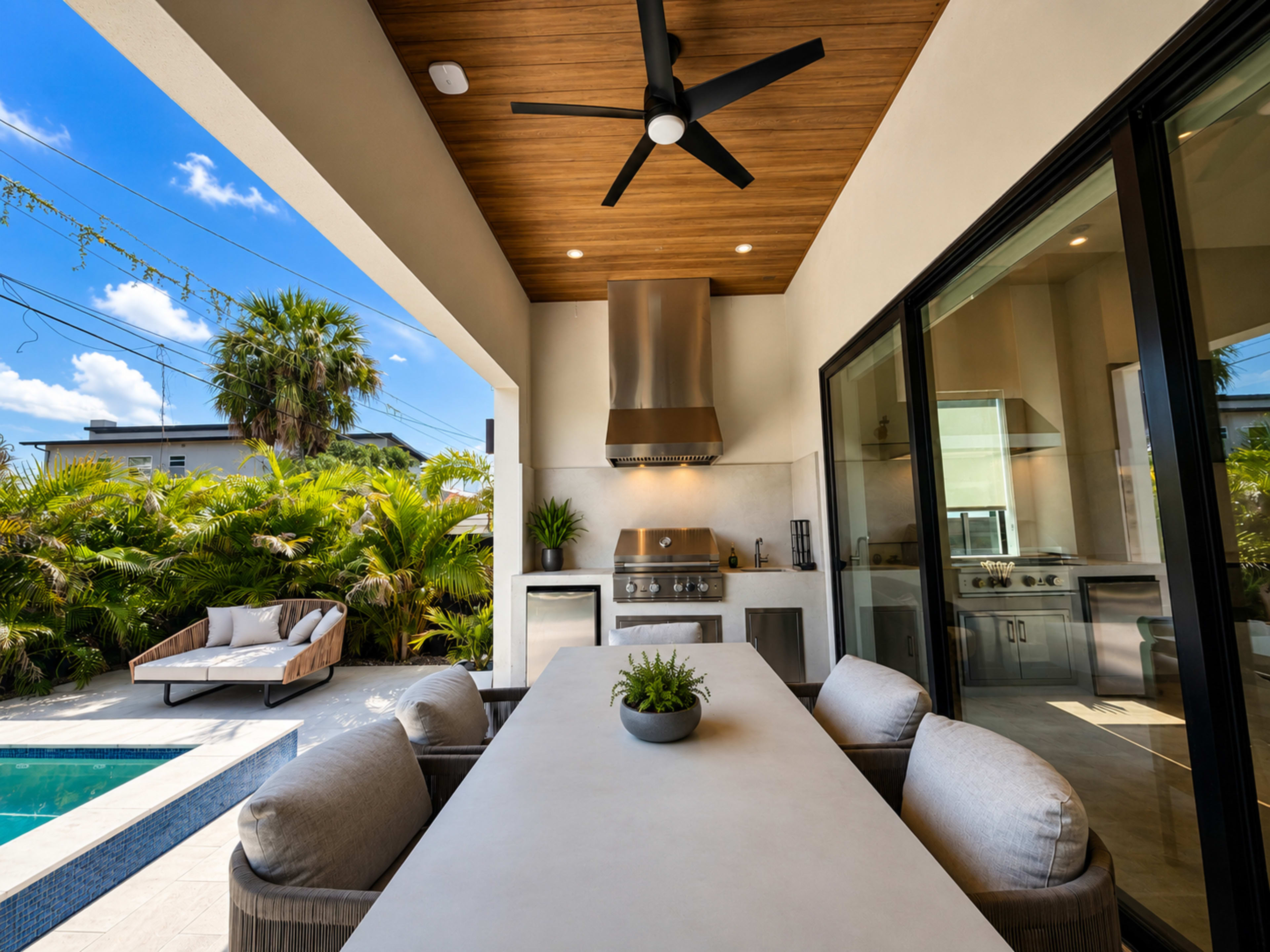 The image shows an outdoor kitchen and dining area with a table, chairs, and a grill, surrounded by lush greenery and a swimming pool.