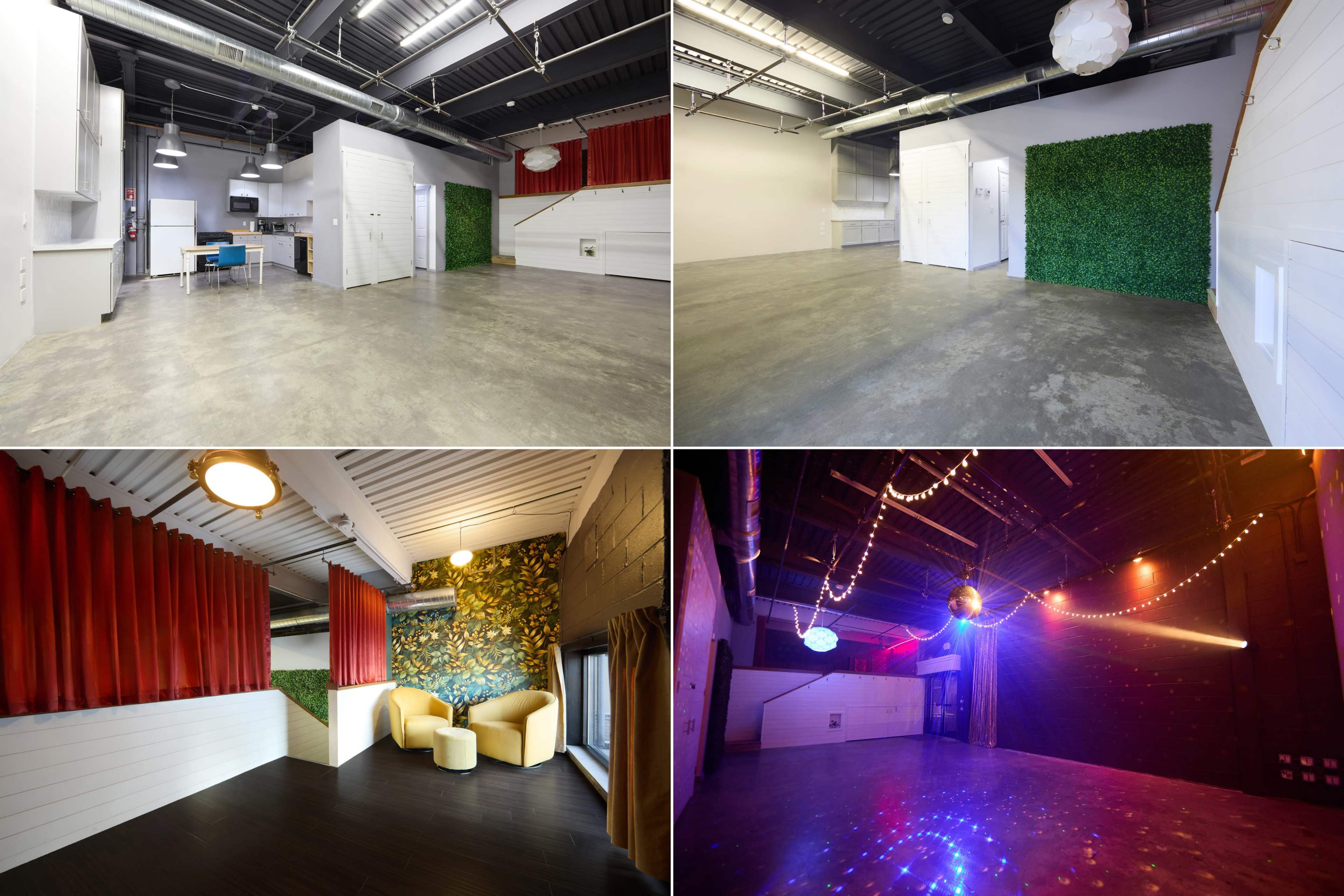 The image features four different interior spaces with varying designs, including a kitchen area, a lounge with chairs, and a multi-purpose room with lighting and decorations.