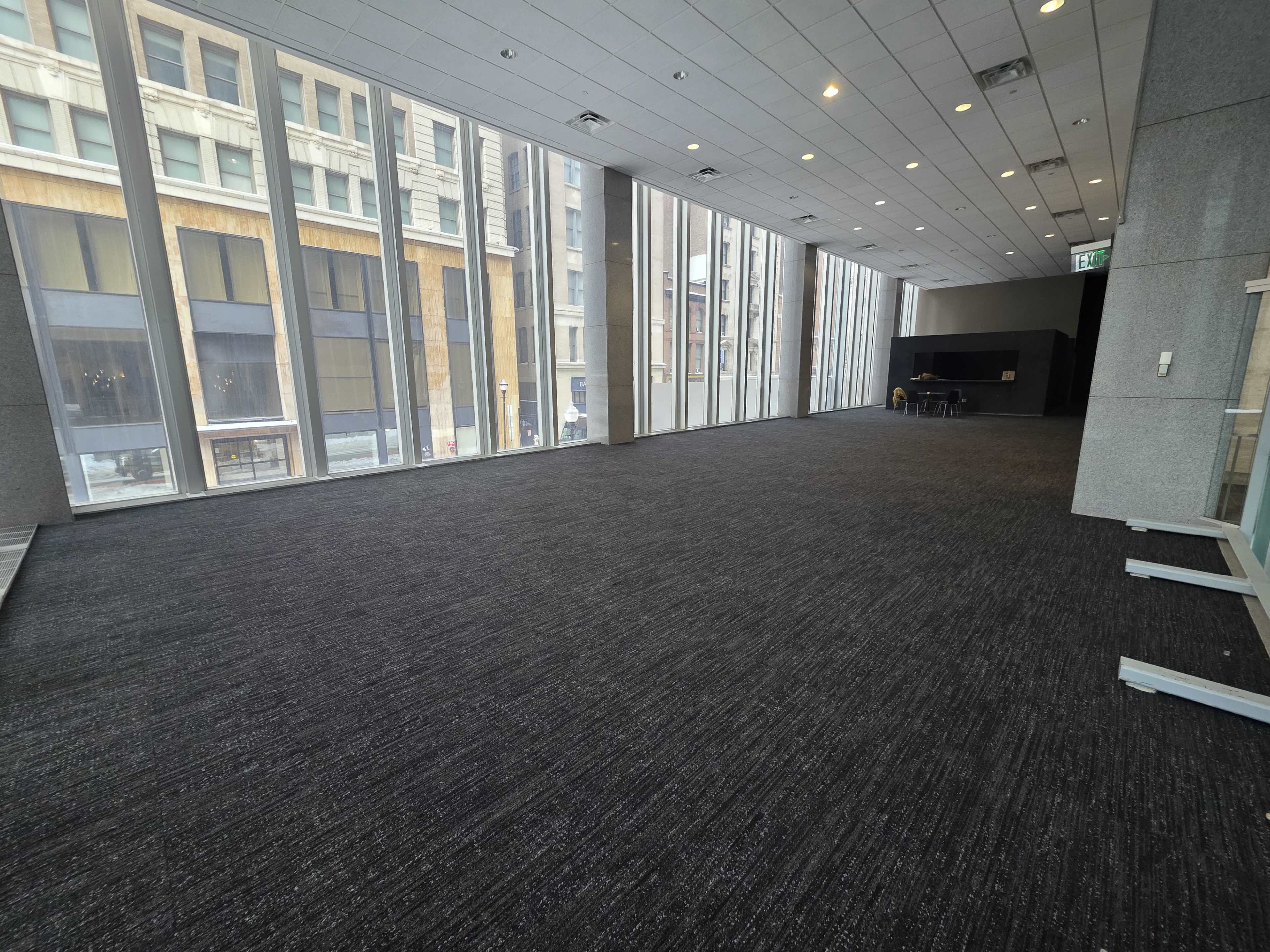 The image shows a spacious, empty room with large windows allowing natural light to enter, and a carpeted floor.