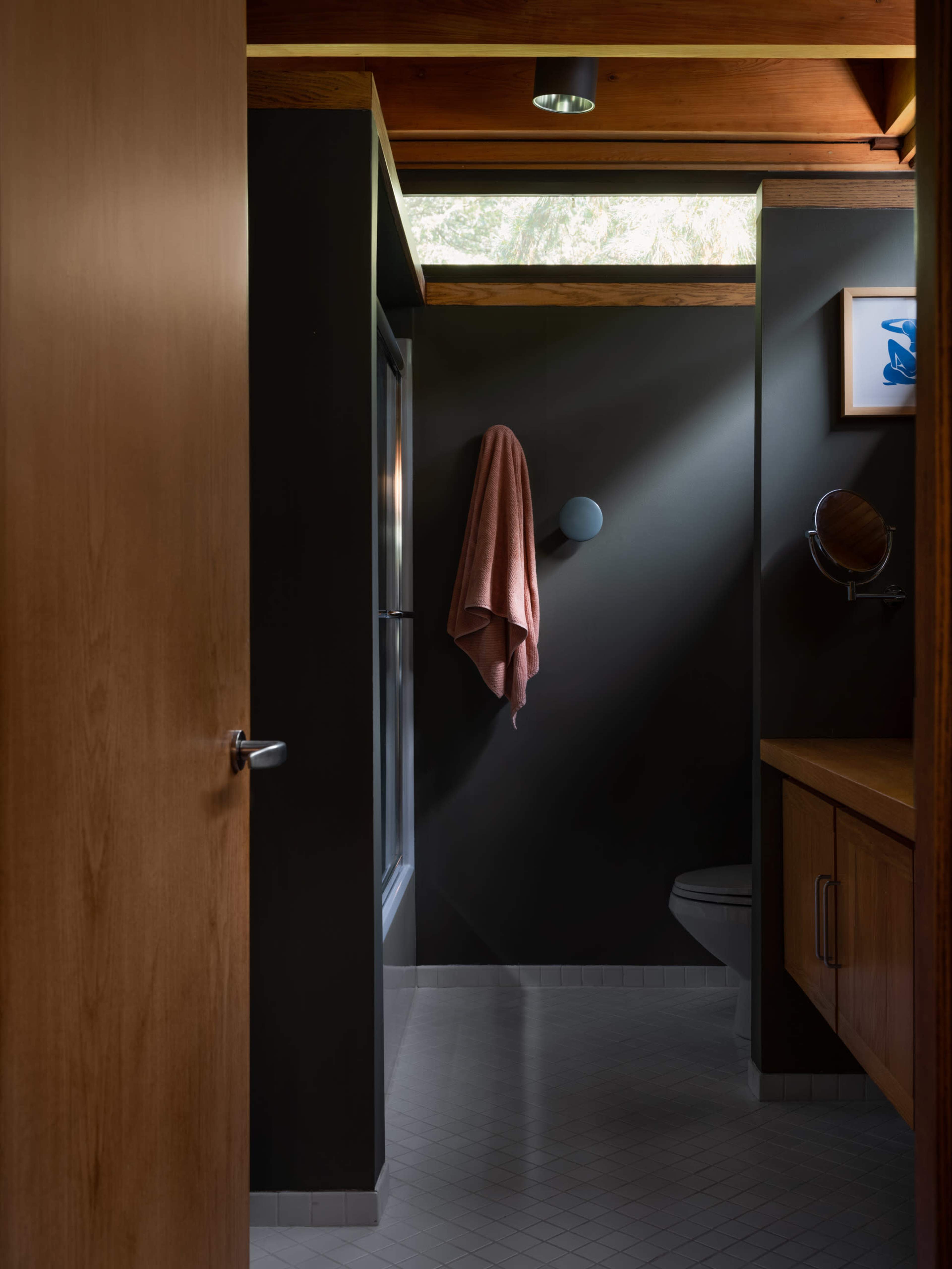 A modern bathroom features a wooden door, a shower area with a towel hanging on the wall, and a wall-mounted mirror reflecting soft light from a skylight.