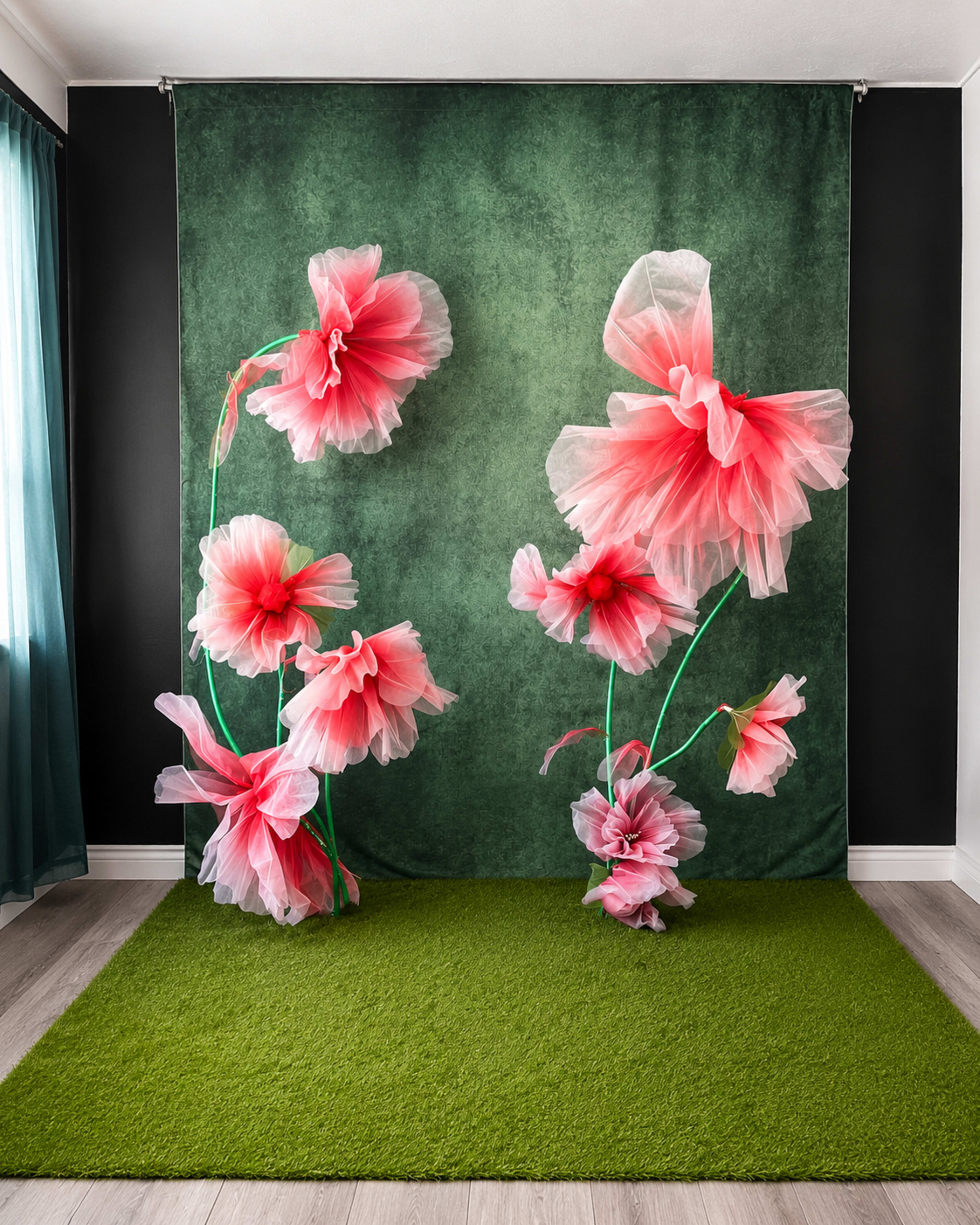 The image features a green backdrop with large, pink floral arrangements made from tulle, set on a green carpet.