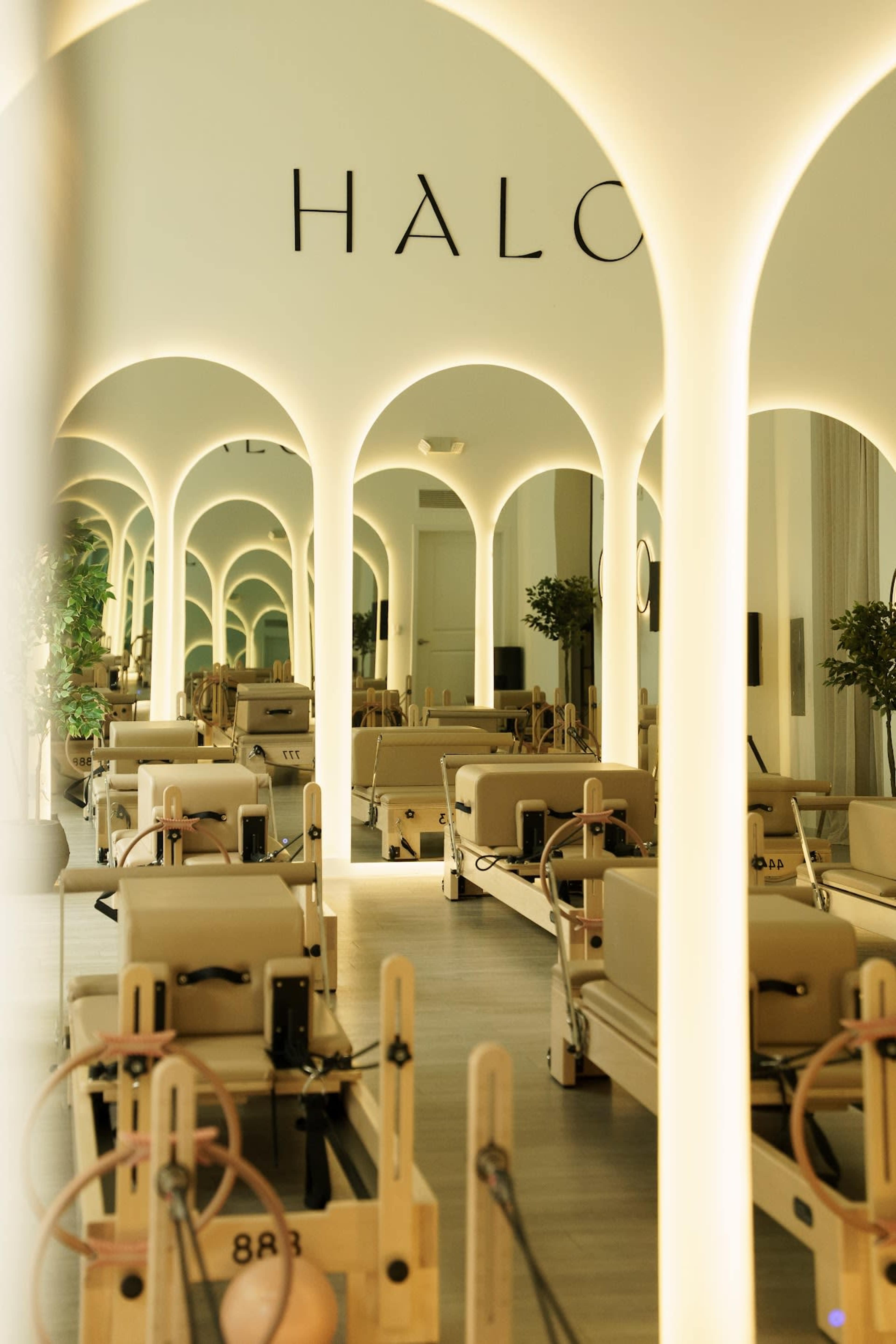 The image shows a modern fitness studio with multiple reformer machines arranged in a well-lit space featuring arching white structures and greenery.