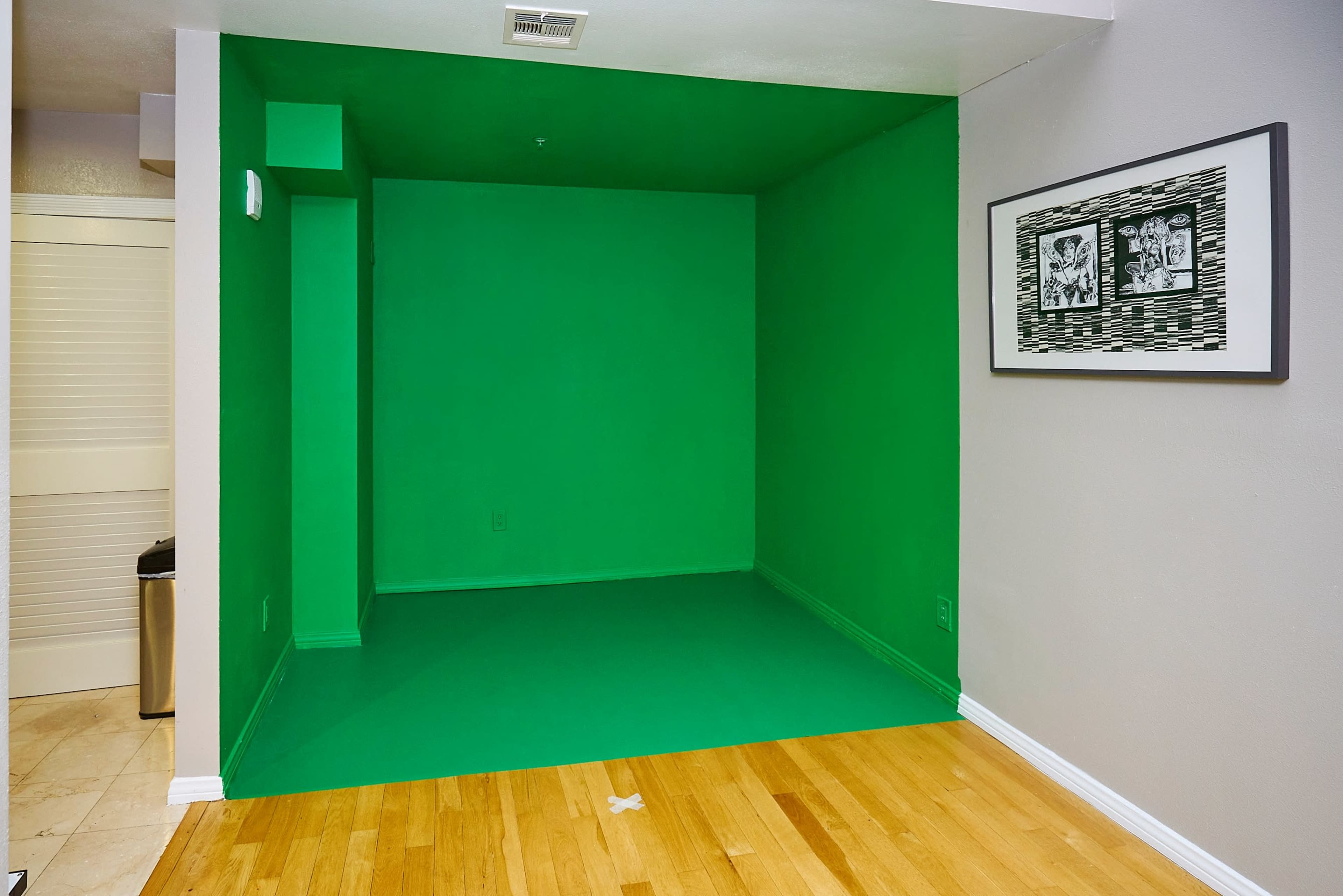 A room with one wall and the floor painted bright green, complemented by a gray adjacent wall featuring a framed artwork.